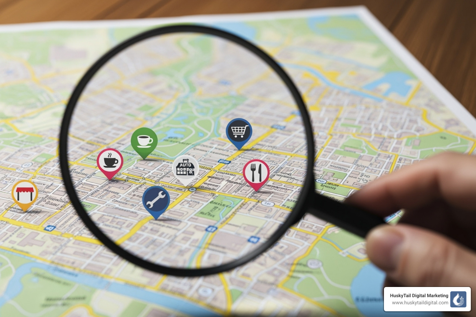 Magnifying glass over a map of Houston agencies - local seo service houston Magnifying glass over a map of Houston agencies - local seo service houston