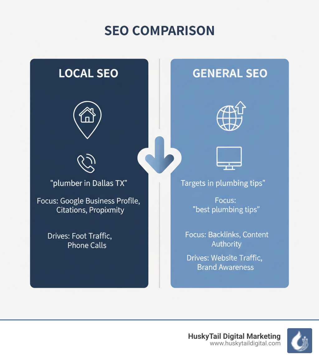 Infographic comparing Local SEO and General SEO: Local SEO targets geographic keywords like "plumber in Dallas TX" and focuses on Google Business Profile, local citations, and proximity-based rankings to capture nearby customers. General SEO targets broader keywords like "best plumbing tips" and focuses on national visibility, backlinks, and content authority to attract a wider audience. Local SEO drives foot traffic and phone calls; General SEO drives website traffic and brand awareness. - dallas tx local seo companies infographic 