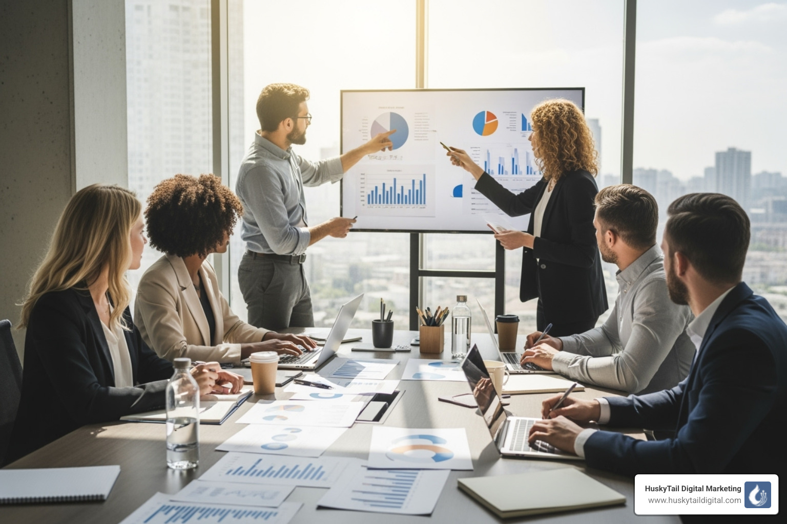 A marketing team collaborating around a table with charts and laptops - dallas tx local seo companies
