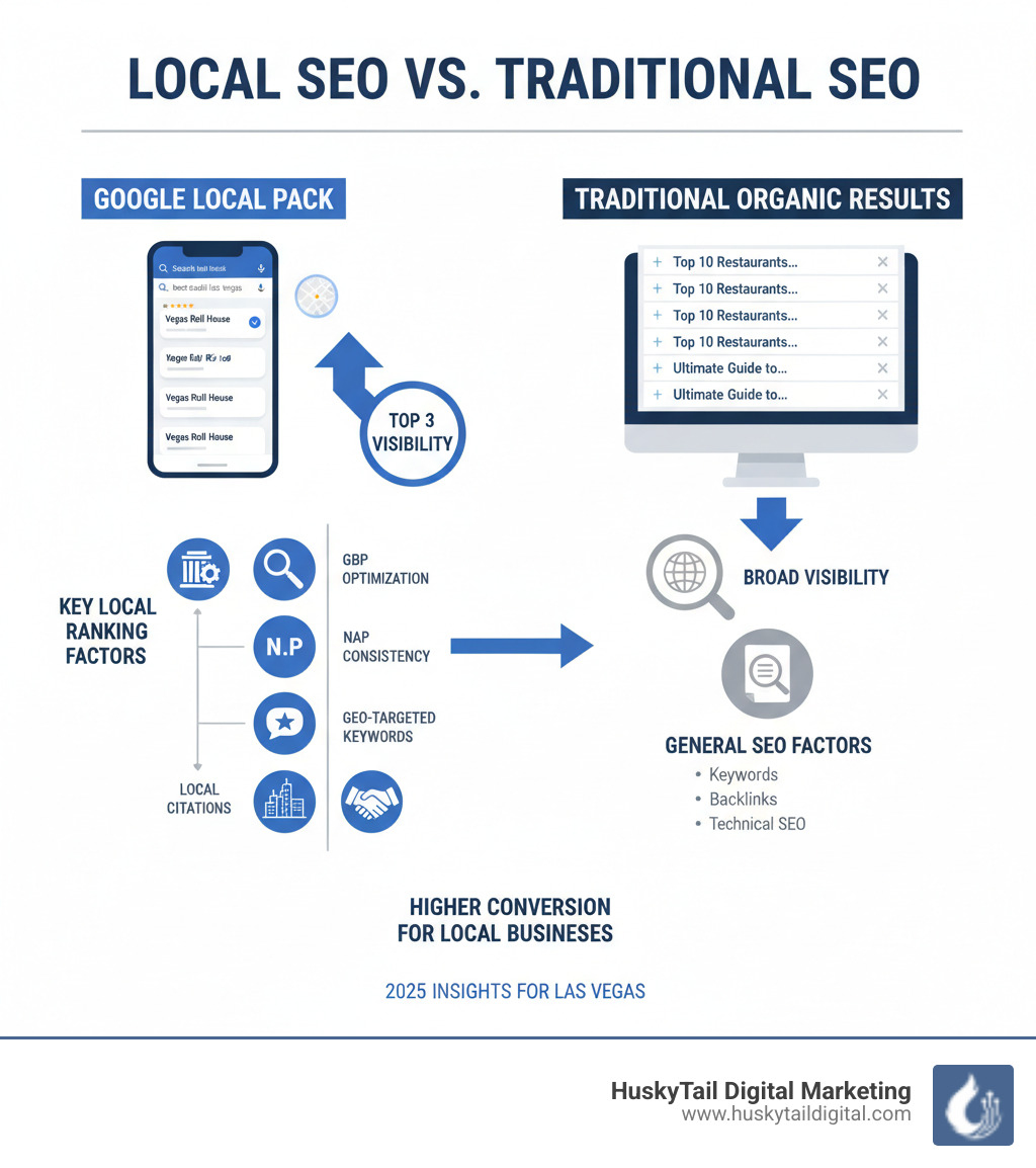 Infographic showing the difference between Google Local Pack results (top 3 businesses with map) and traditional organic search results below, highlighting key local ranking factors like Google Business Profile optimization, NAP consistency, local citations, reviews, and geo-targeted keywords - local seo las vegas infographic 