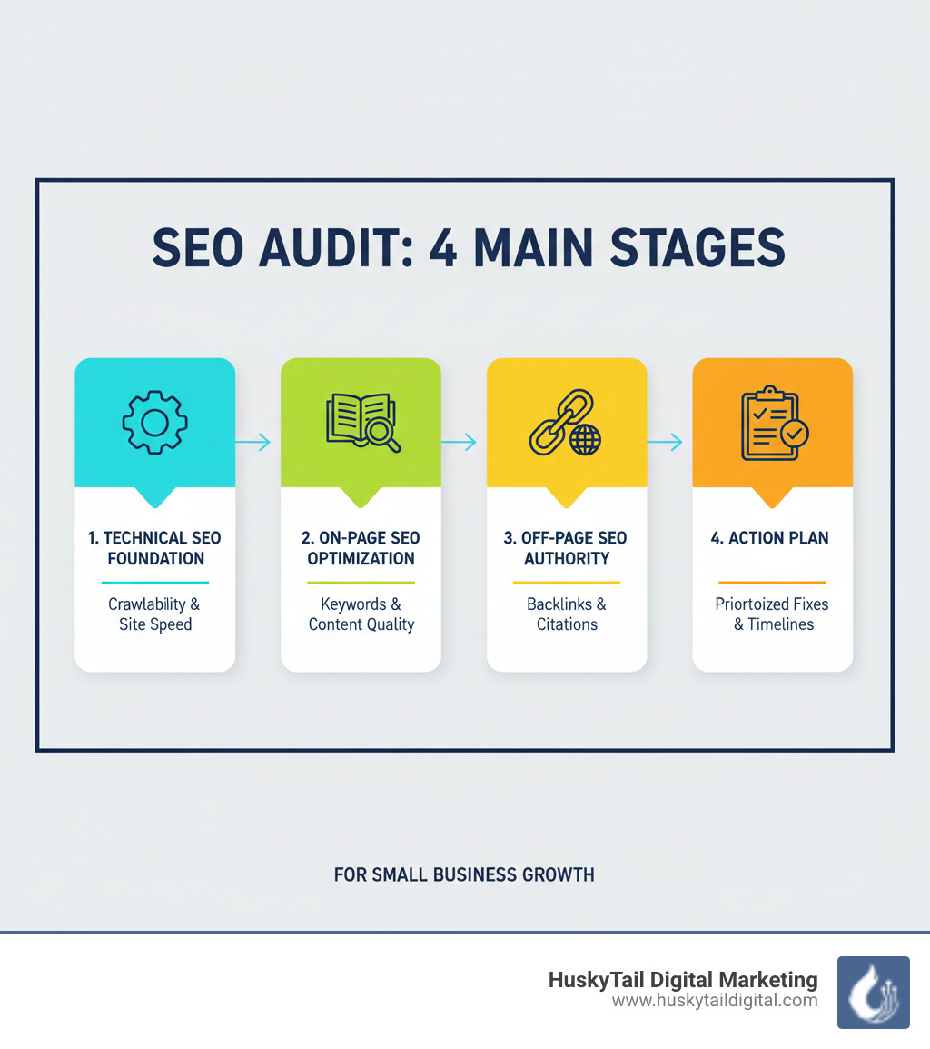 infographic showing the 4 main stages of an seo audit: technical seo foundation including crawlability and site speed, on-page seo optimization with keywords and content quality, off-page seo authority building through backlinks and citations, and action plan with prioritized fixes and timelines - seo audits for small business infographic 