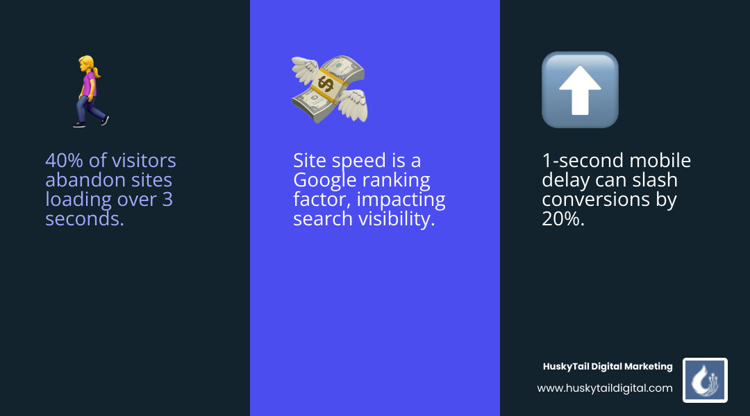 Infographic showing the relationship between page load time and user behavior: 1-3 seconds optimal load time, 3+ seconds results in 40% bounce rate, each additional second increases bounce probability by 32%, and a 1-second delay reduces conversions by 7% and page views by 11% - wordpress website optimization techniques infographic 3_facts_emoji_blue