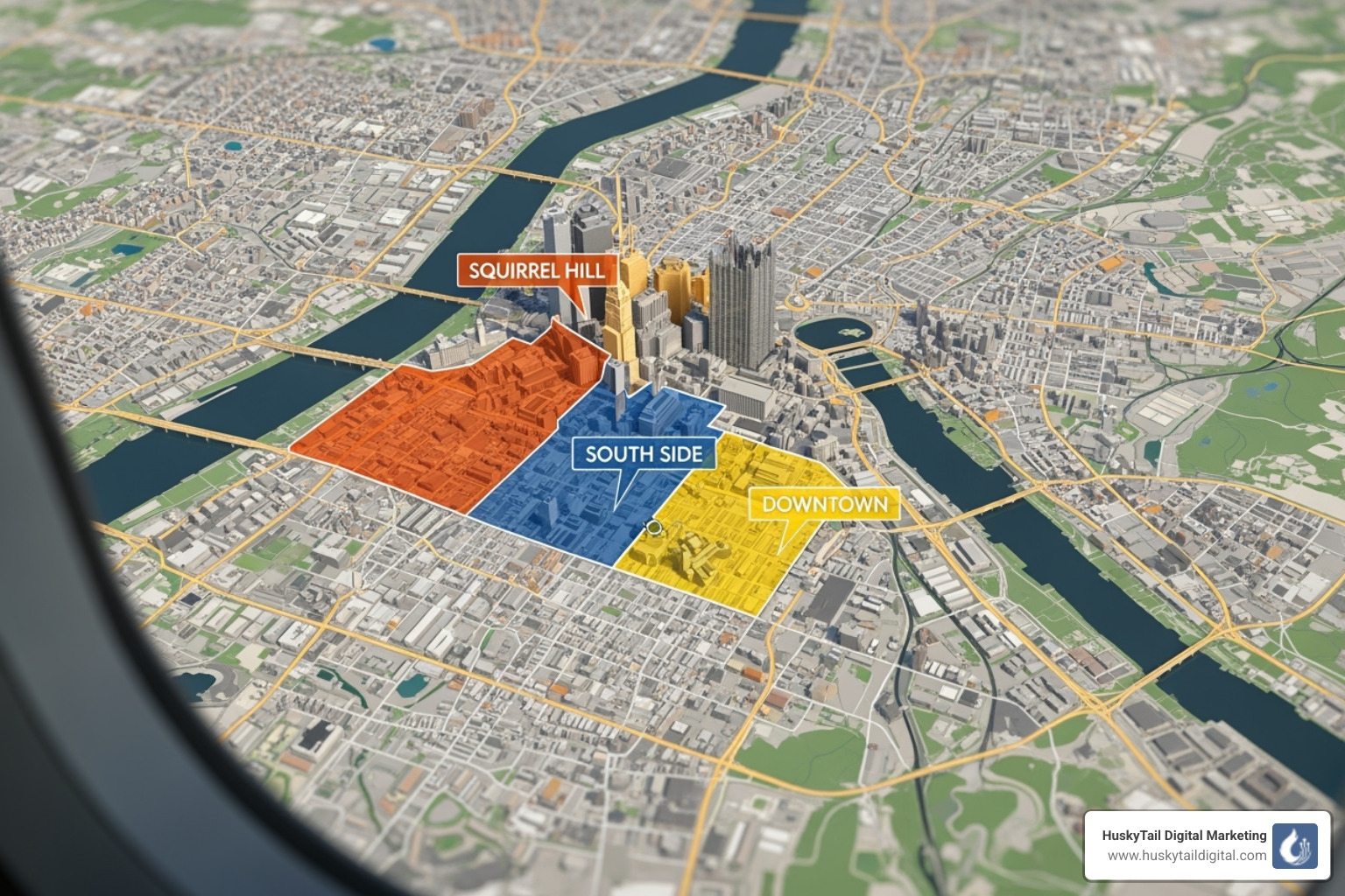 Map highlighting key Pittsburgh neighborhoods like Squirrel Hill, South Side, and Downtown - local seo pittsburgh