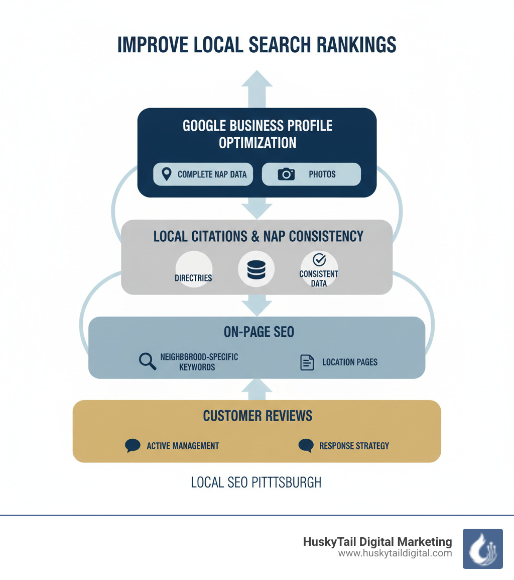 Infographic showing the four core pillars of Local SEO: Google Business Profile optimization with complete NAP data and photos at the top, Local Citations and NAP consistency across directories in the second tier, On-Page SEO with neighborhood-specific keywords and location pages in the third tier, and Customer Reviews with active management and response strategy at the base, all connected with arrows showing how they work together to improve local search rankings - local seo pittsburgh infographic 