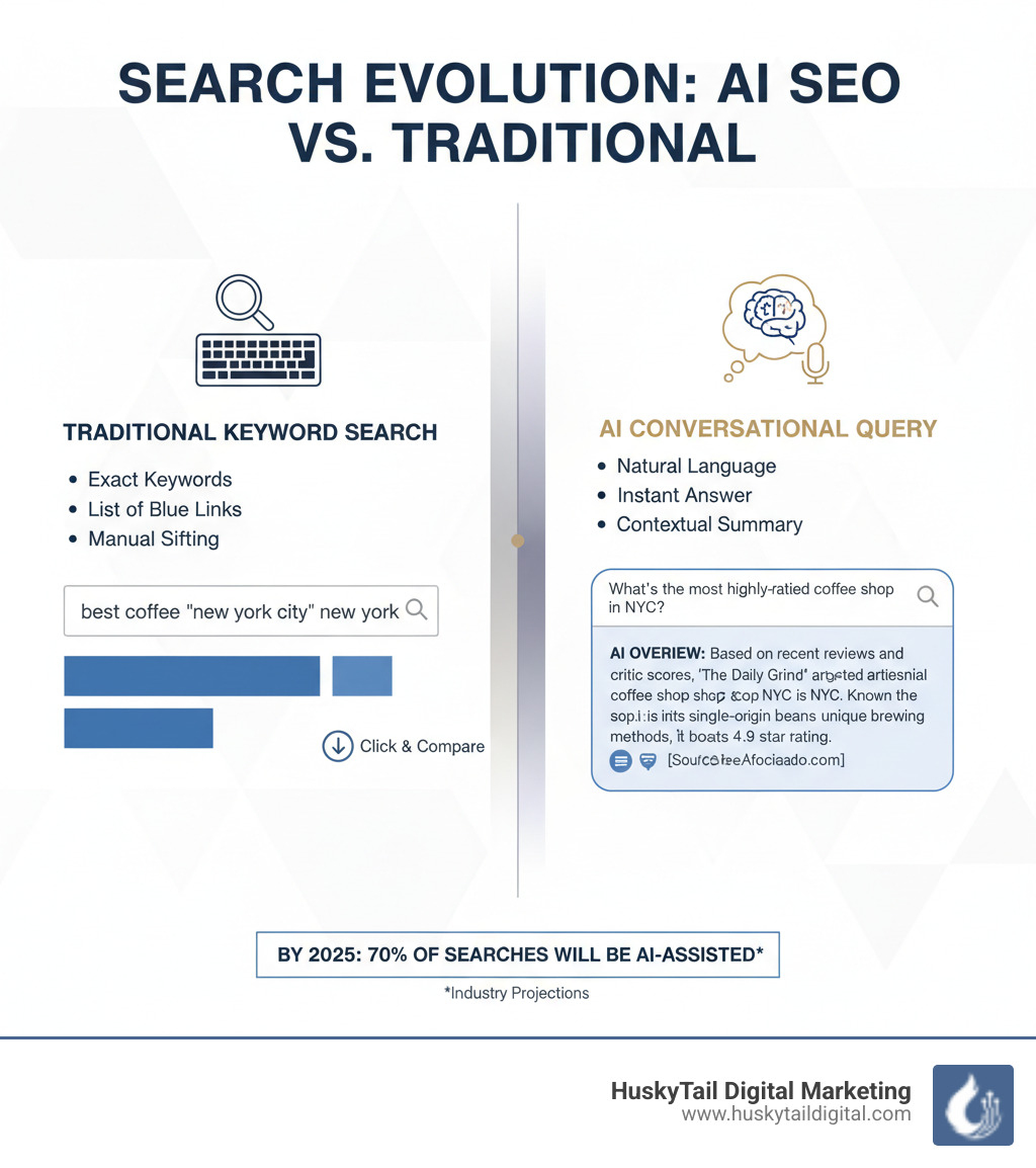 Infographic showing the difference between a traditional keyword-based search query and an AI-powered conversational query with a detailed answer citation - AI SEO consultant infographic 