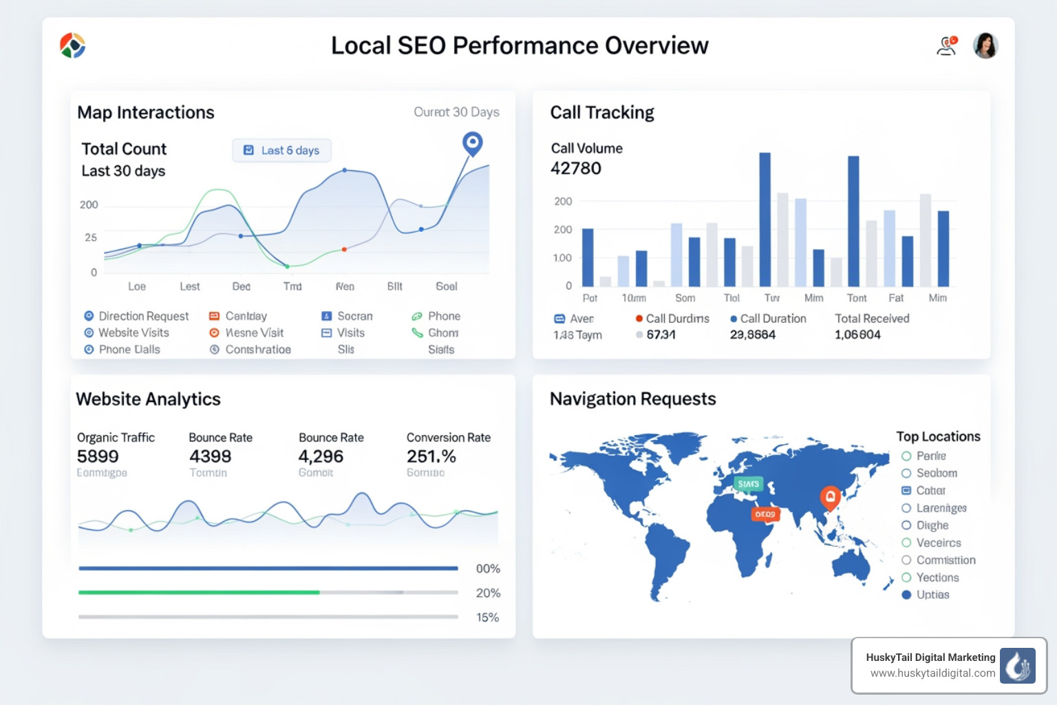 Dashboard showing local SEO KPIs like map views, clicks-to-call, website visits, and direction requests - local Seo boston Dashboard showing local SEO KPIs like map views, clicks-to-call, website visits, and direction requests - local Seo boston