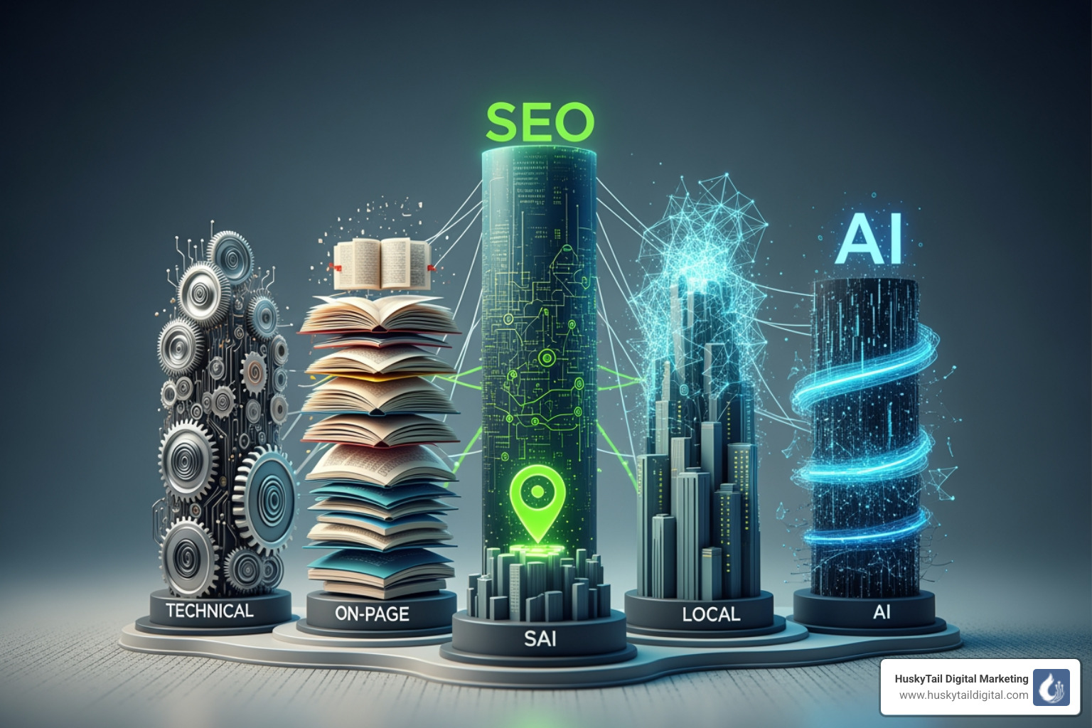 illustration of the five pillars of modern SEO: Technical, On-Page, Off-Page, Local, and AI - orlando search engine optimization
