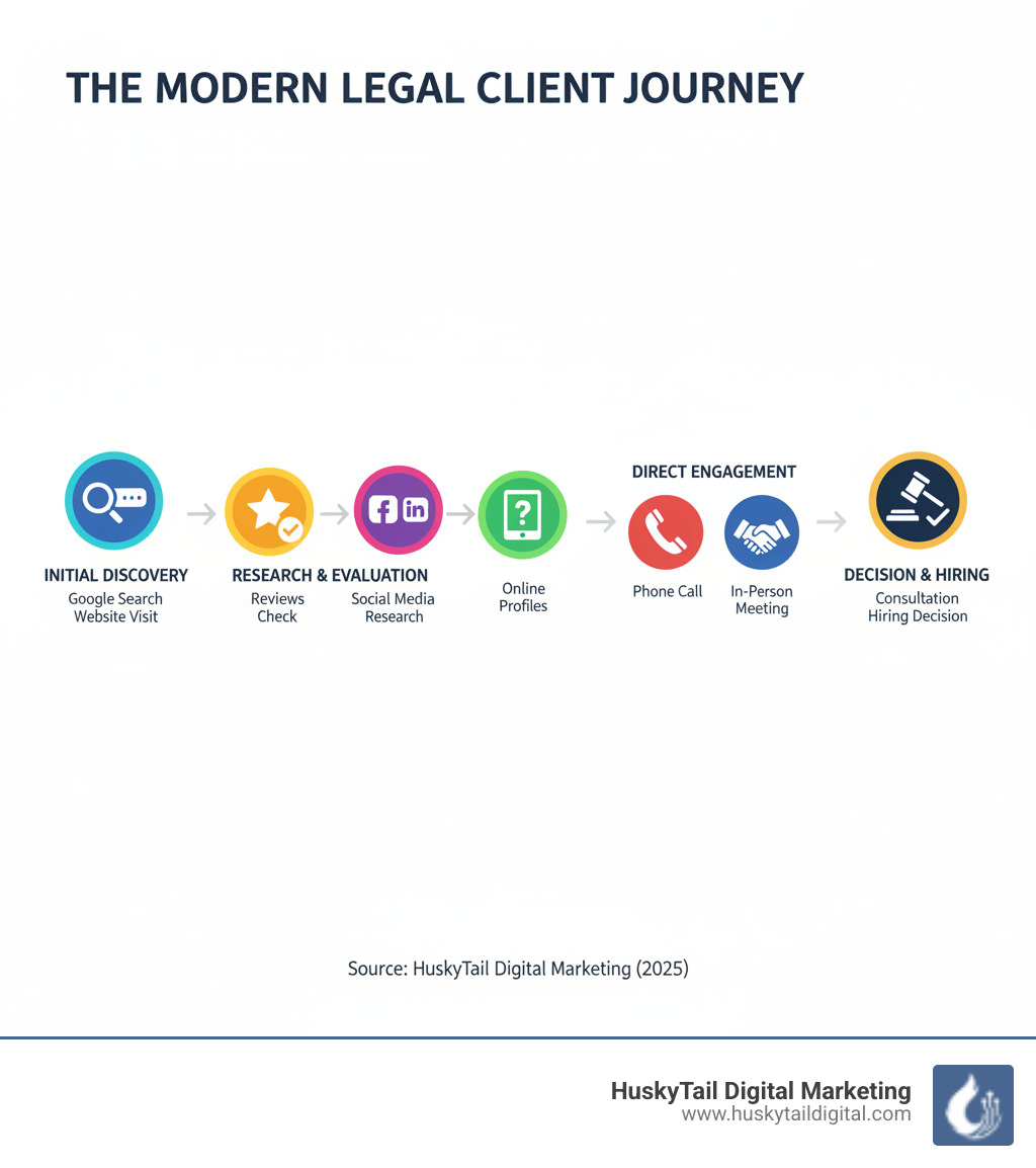 infographic showing the modern legal client journey from initial online search through research, evaluation, contact, consultation, and hiring decision, with key touchpoints including Google search, website visit, reviews check, social media research, phone call, and in-person meeting - Get more legal clients infographic 