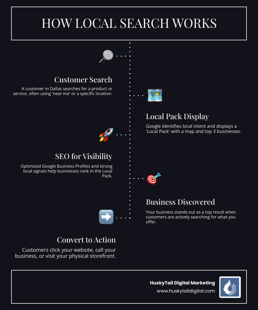 Infographic showing how local SEO works: consumer searches for service in Dallas, Google shows Local Pack with map and top 3 businesses, businesses with optimized GBP and local signals rank higher, consumer clicks, calls, or visits - dallas local seo agency infographic infographic-line-5-steps-dark Infographic showing how local SEO works: consumer searches for service in Dallas, Google shows Local Pack with map and top 3 businesses, businesses with optimized GBP and local signals rank higher, consumer clicks, calls, or visits - dallas local seo agency infographic infographic-line-5-steps-dark