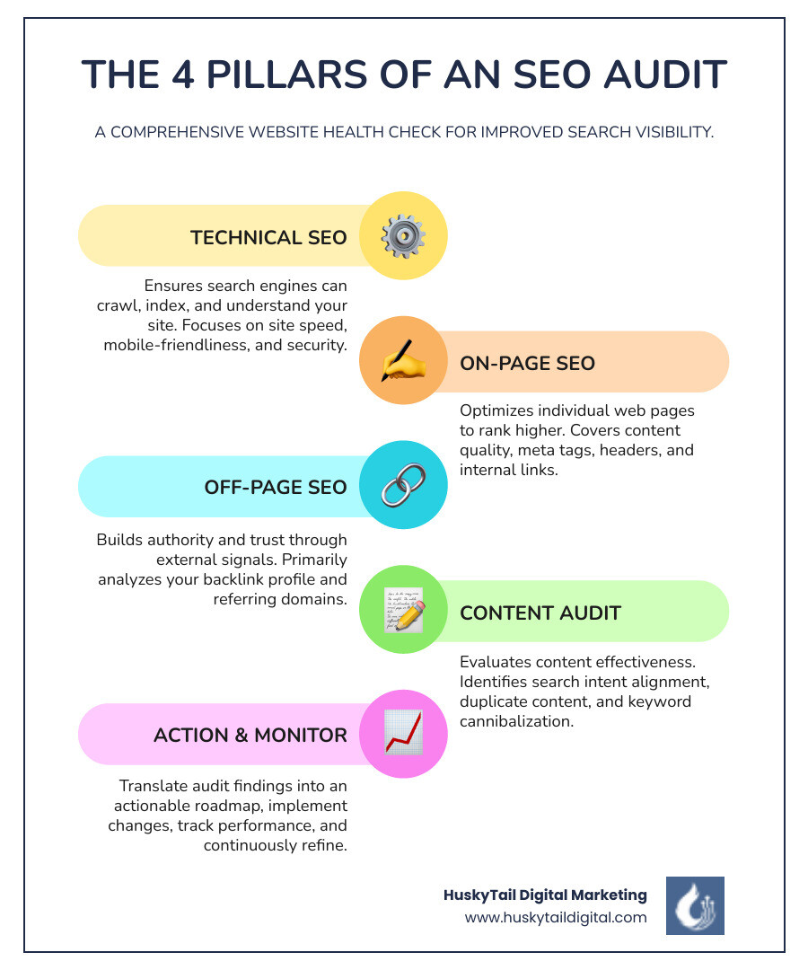 Infographic showing the four pillars of an SEO audit: Technical SEO (indexing, crawlability, site speed, mobile-friendliness, HTTPS security), On-Page SEO (content quality, title tags, meta descriptions, headers, internal linking), Off-Page SEO (backlink profile analysis, referring domains, link quality assessment), and Content Strategy (search intent, duplicate content, keyword cannibalization) - How to SEO audit infographic infographic-line-5-steps-colors
