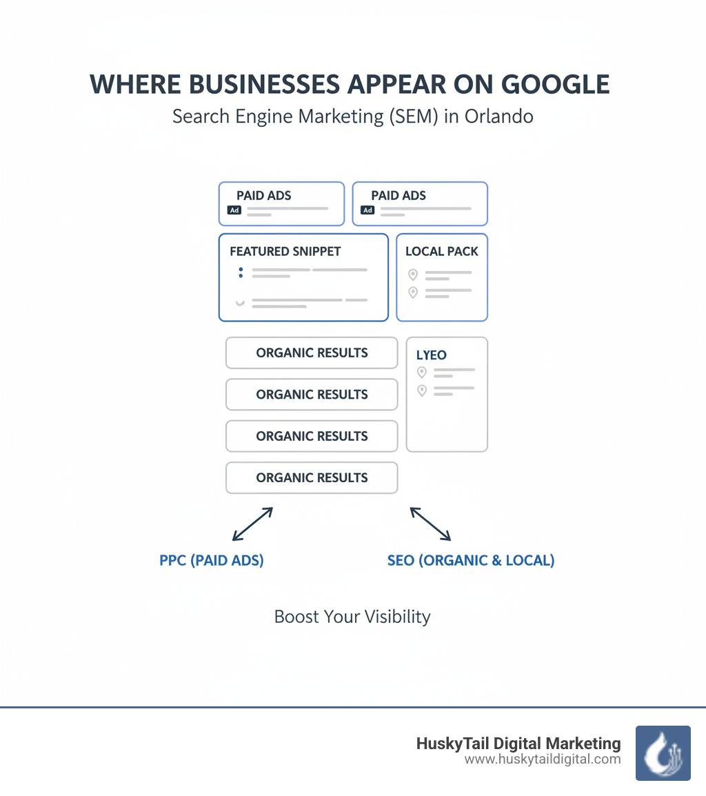 Infographic showing SERP layout with organic results, paid ads, local pack, and featured snippets, highlighting where businesses can appear through SEM - search engine marketing orlando infographic Infographic showing SERP layout with organic results, paid ads, local pack, and featured snippets, highlighting where businesses can appear through SEM - search engine marketing orlando infographic