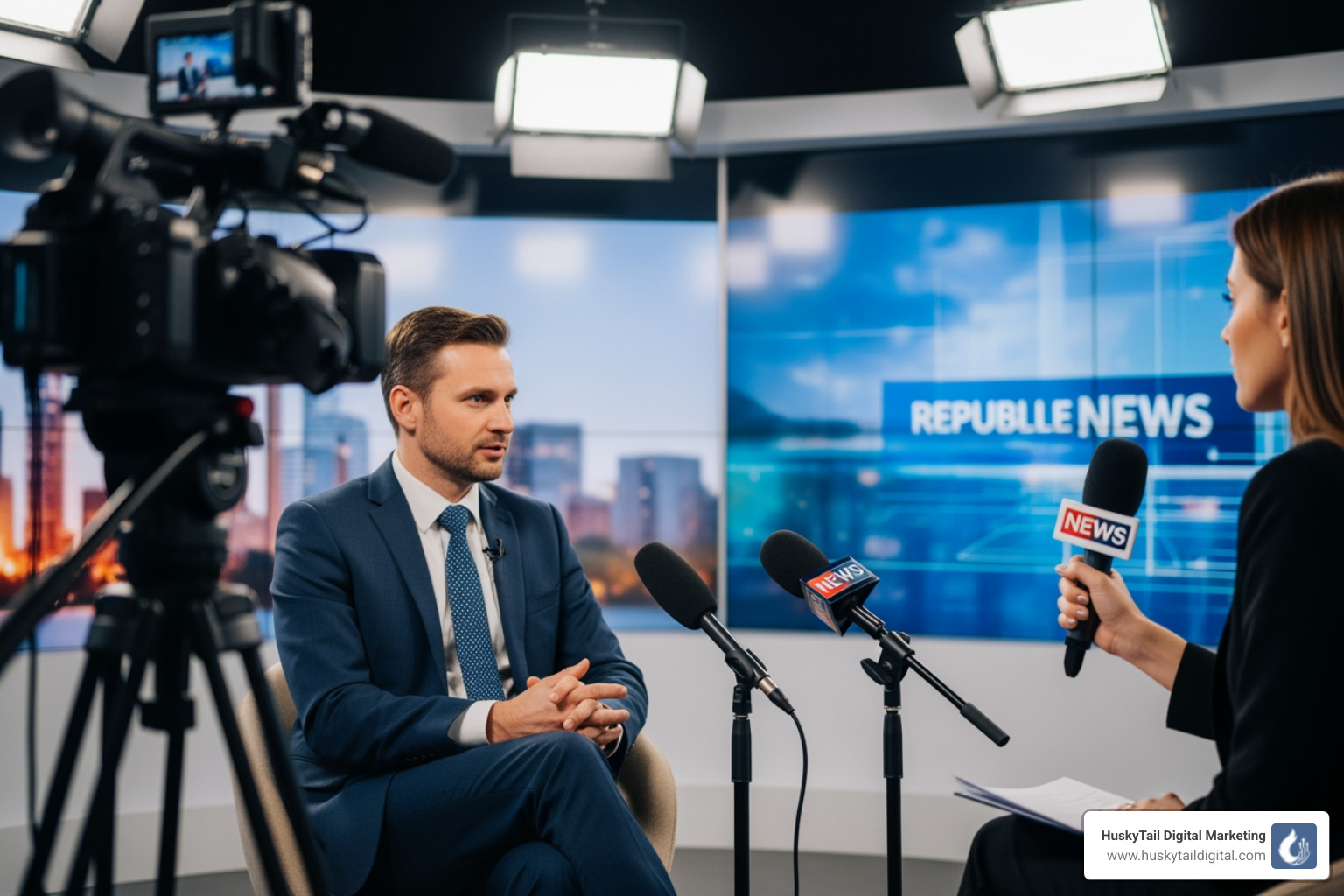 lawyer being interviewed by a journalist - Link building for lawyers