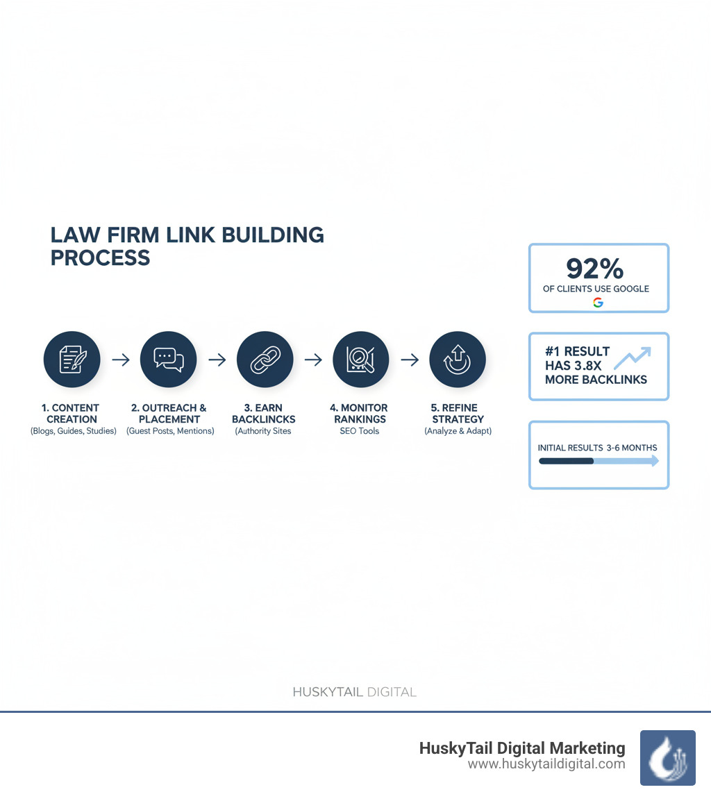 infographic showing link building process for law firms with steps from content creation to monitoring results, including statistics: 92% of clients use Google, #1 result has 3.8x more backlinks, and timeline showing 3-6 months for initial results - Link building for lawyers infographic 