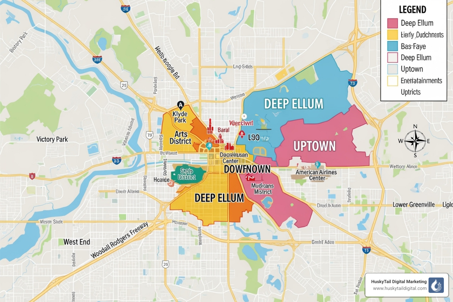 Map highlighting Dallas neighborhoods like Deep Ellum and Uptown - seo agency in dallas Map highlighting Dallas neighborhoods like Deep Ellum and Uptown - seo agency in dallas