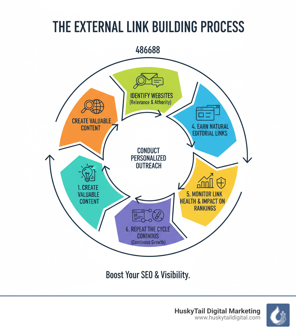 infographic showing the link building process: create valuable content, identify target websites by relevance and authority, conduct personalized outreach, earn natural editorial links, monitor link health and impact on rankings, repeat the cycle for continuous growth - how to build external links for seo infographic 