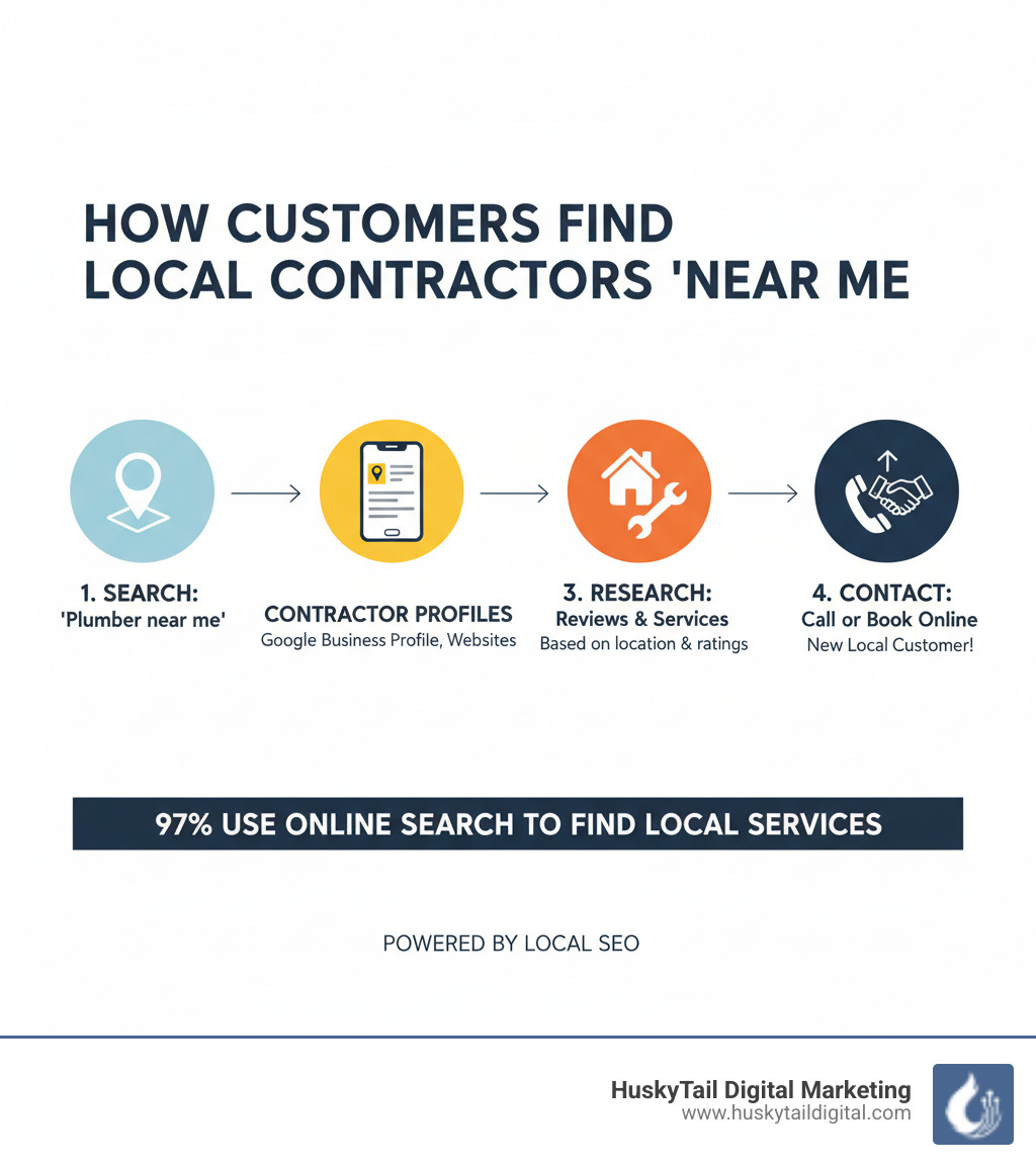 infographic explaining how a customer finds a local contractor through a "near me" search - seo contractors near me infographic 