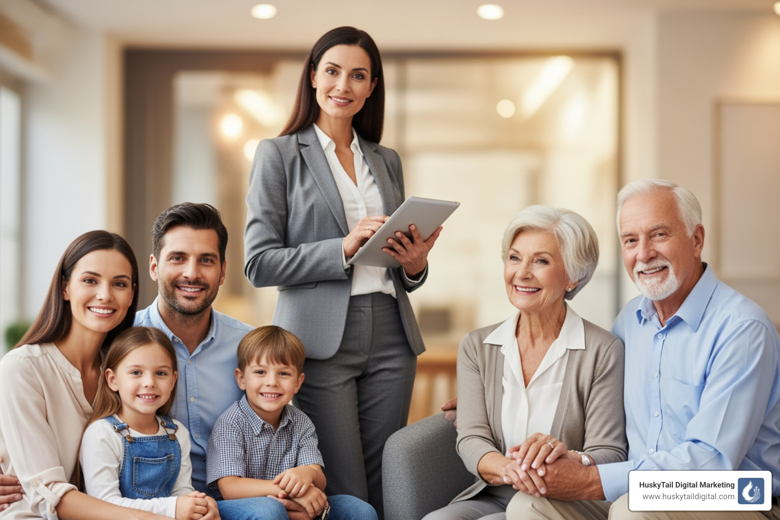 a diverse group of people representing different client demographics (e.g., young family, senior couple, business owner) - online marketing for estate planning lawyer