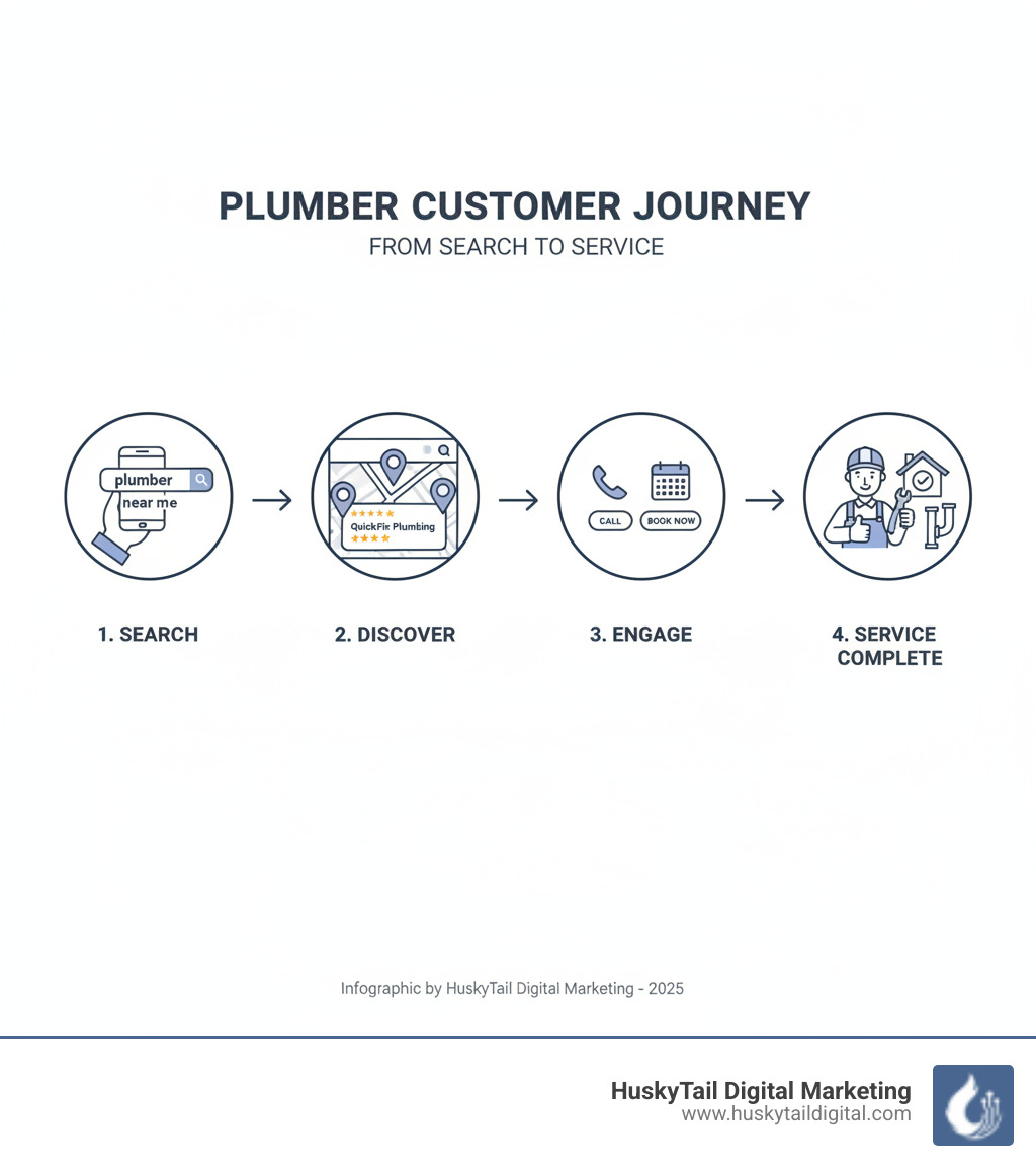 Infographic showing the customer journey from searching 'plumber near me' on a smartphone, to viewing Google Map results with business profiles and reviews, to calling or booking a service, ending with a completed plumbing job - plumbing local seo infographic 