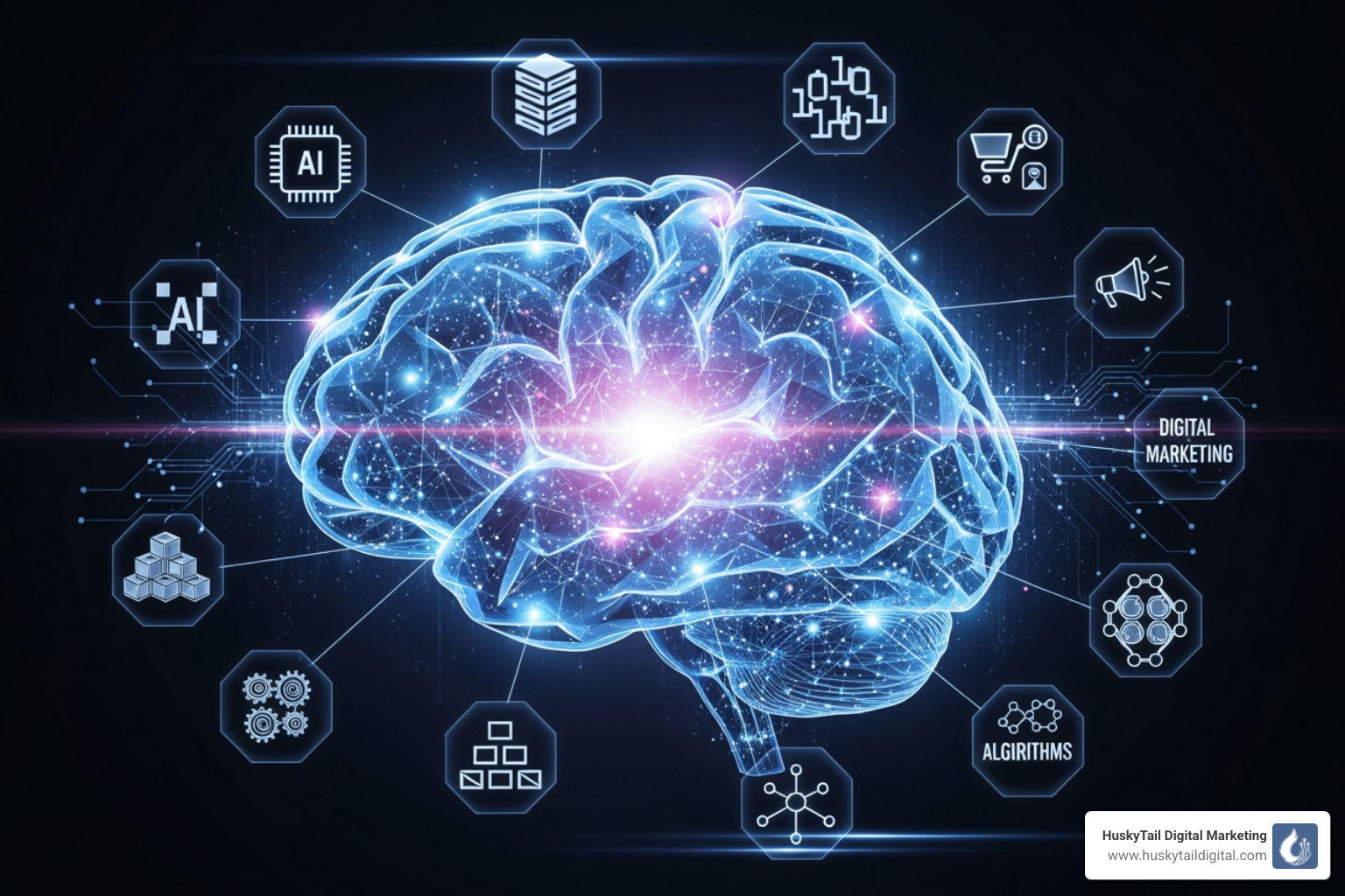 A stylized brain with interconnected nodes representing AI, data, algorithms, and digital marketing icons, suggesting intelligence and connectivity. - search engine optimization companies austin tx