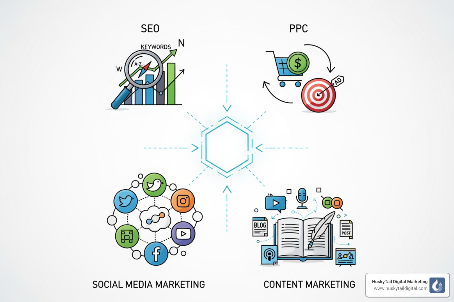 Four quadrants representing SEO, PPC, Social Media, and Content Marketing - Philadelphia digital marketing experts