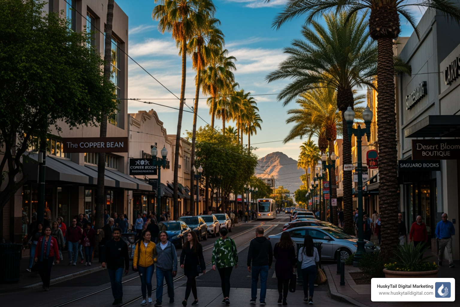 A busy local Phoenix street with shops and foot traffic - search engine marketing phoenix A busy local Phoenix street with shops and foot traffic - search engine marketing phoenix