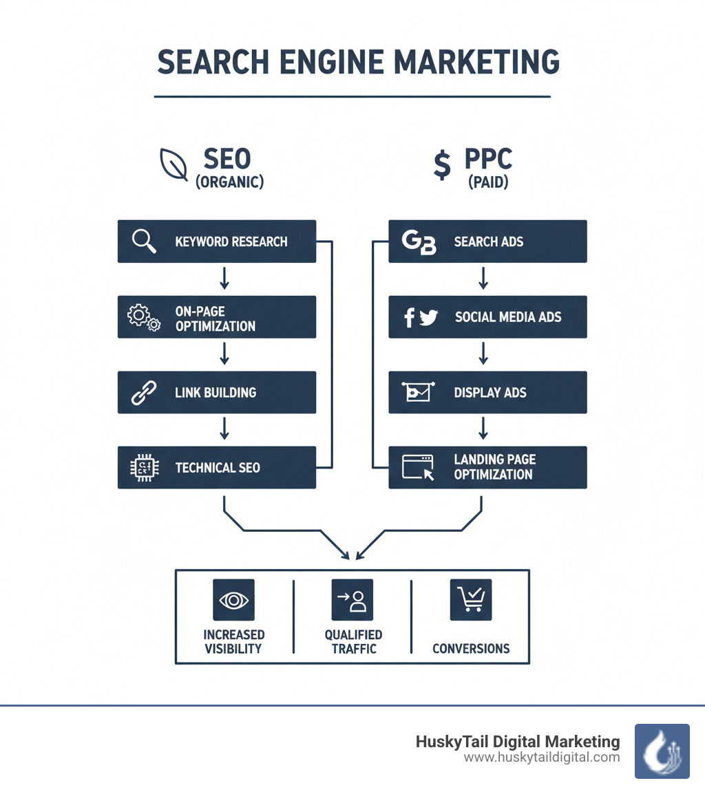 Infographic showing the core components of Search Engine Marketing: SEO (organic) includes keyword research, on-page optimization, link building, and technical SEO; PPC (paid) includes Google Ads, Microsoft Ads, social media advertising, and landing page optimization; both feed into increased visibility, qualified traffic, and conversions - search engine marketing phoenix infographic Infographic showing the core components of Search Engine Marketing: SEO (organic) includes keyword research, on-page optimization, link building, and technical SEO; PPC (paid) includes Google Ads, Microsoft Ads, social media advertising, and landing page optimization; both feed into increased visibility, qualified traffic, and conversions - search engine marketing phoenix infographic