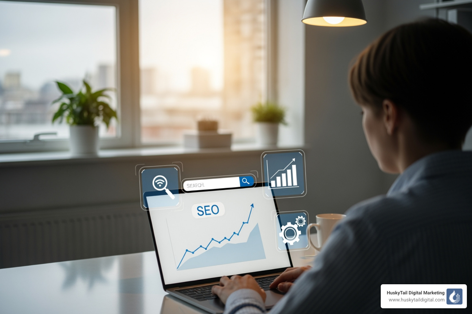 person working on a laptop with SEO icons - NYC small business SEO person working on a laptop with SEO icons - NYC small business SEO