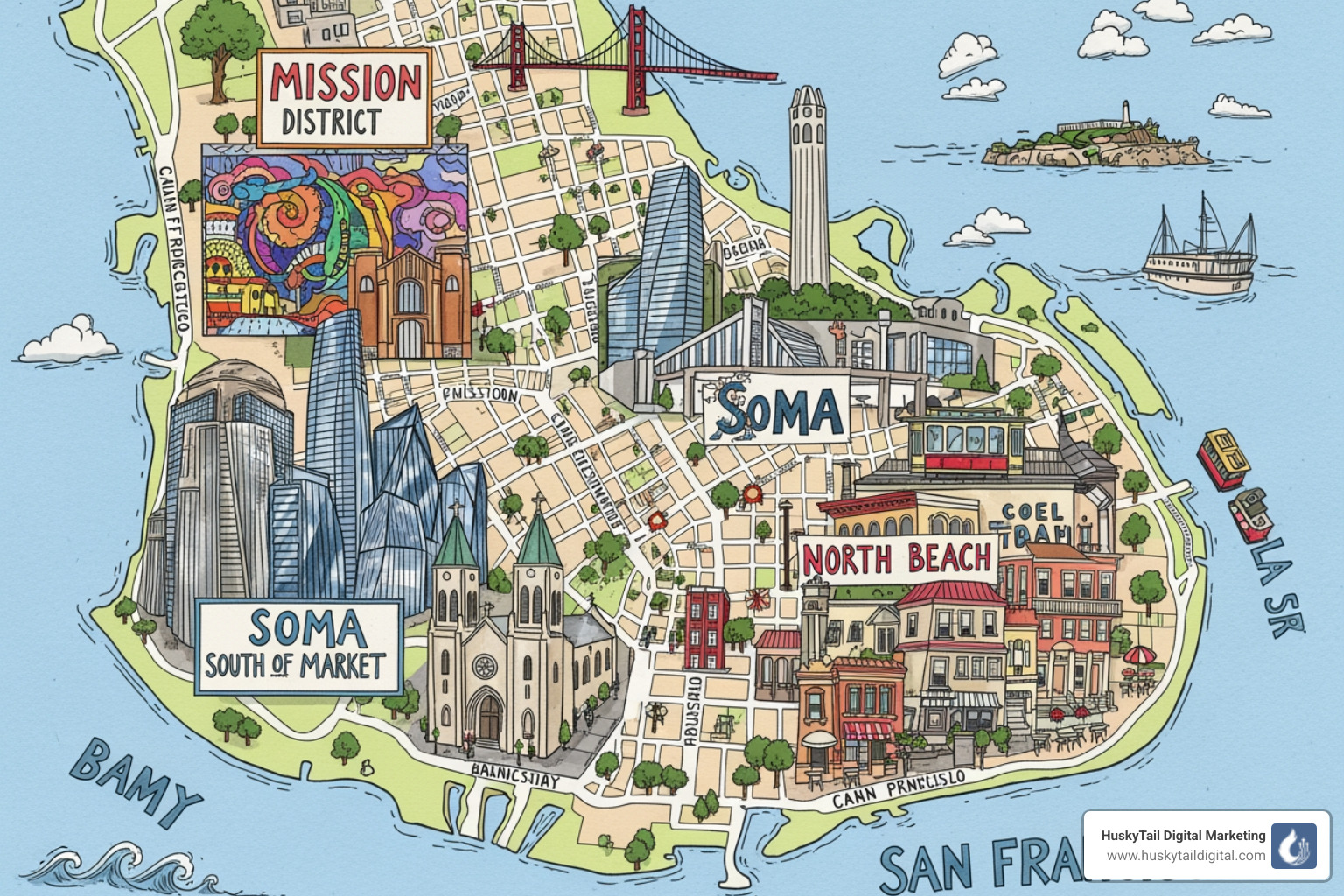 Stylized map highlighting different San Francisco neighborhoods like the Mission, SoMa, and North Beach - local seo agency san francisco Stylized map highlighting different San Francisco neighborhoods like the Mission, SoMa, and North Beach - local seo agency san francisco