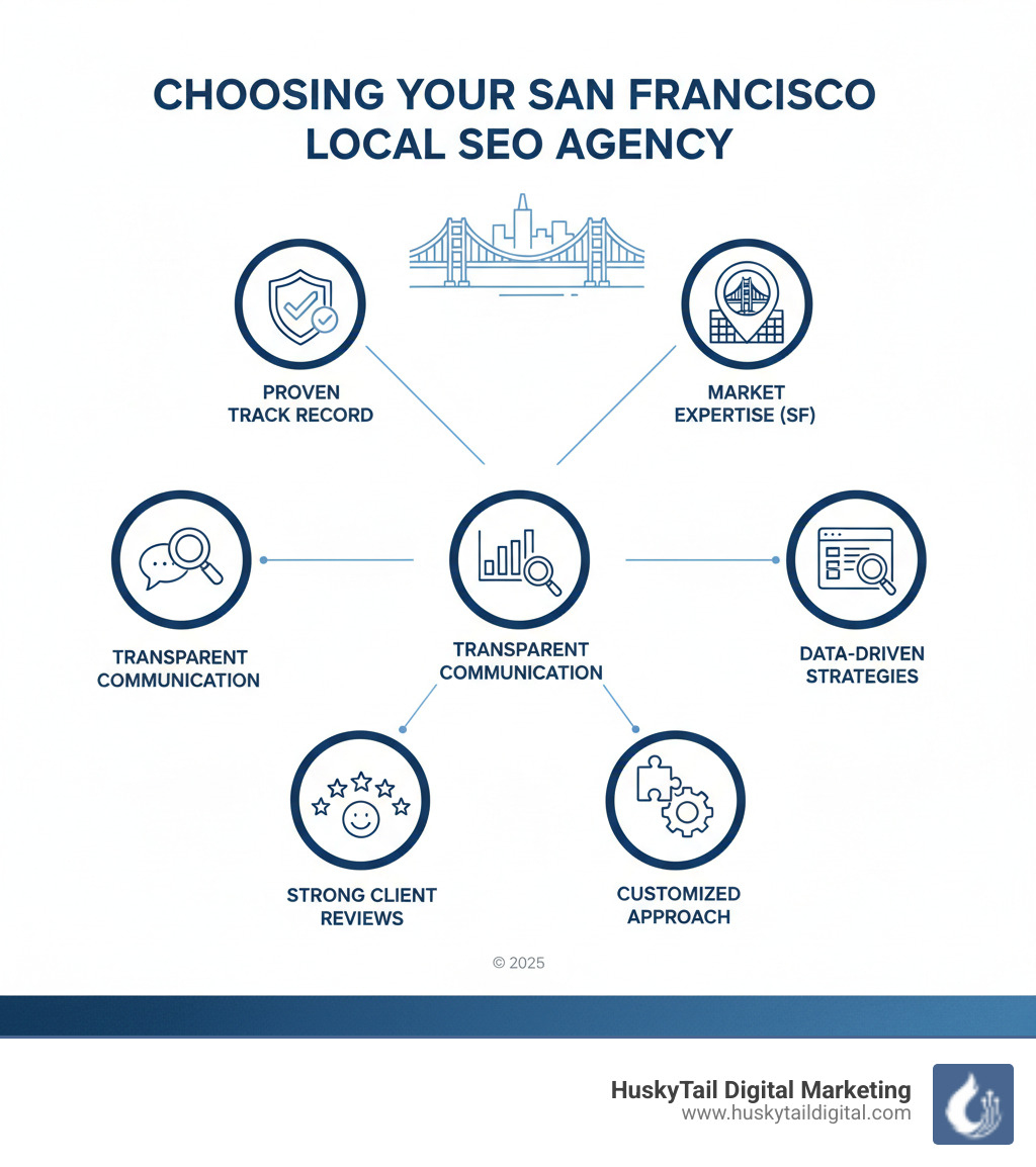 Infographic detailing how to choose a local SEO agency in San Francisco, including proven track record, market expertise, transparent communication, data-driven strategies, strong client reviews, and a customized approach - local seo agency san francisco infographic Infographic detailing how to choose a local SEO agency in San Francisco, including proven track record, market expertise, transparent communication, data-driven strategies, strong client reviews, and a customized approach - local seo agency san francisco infographic