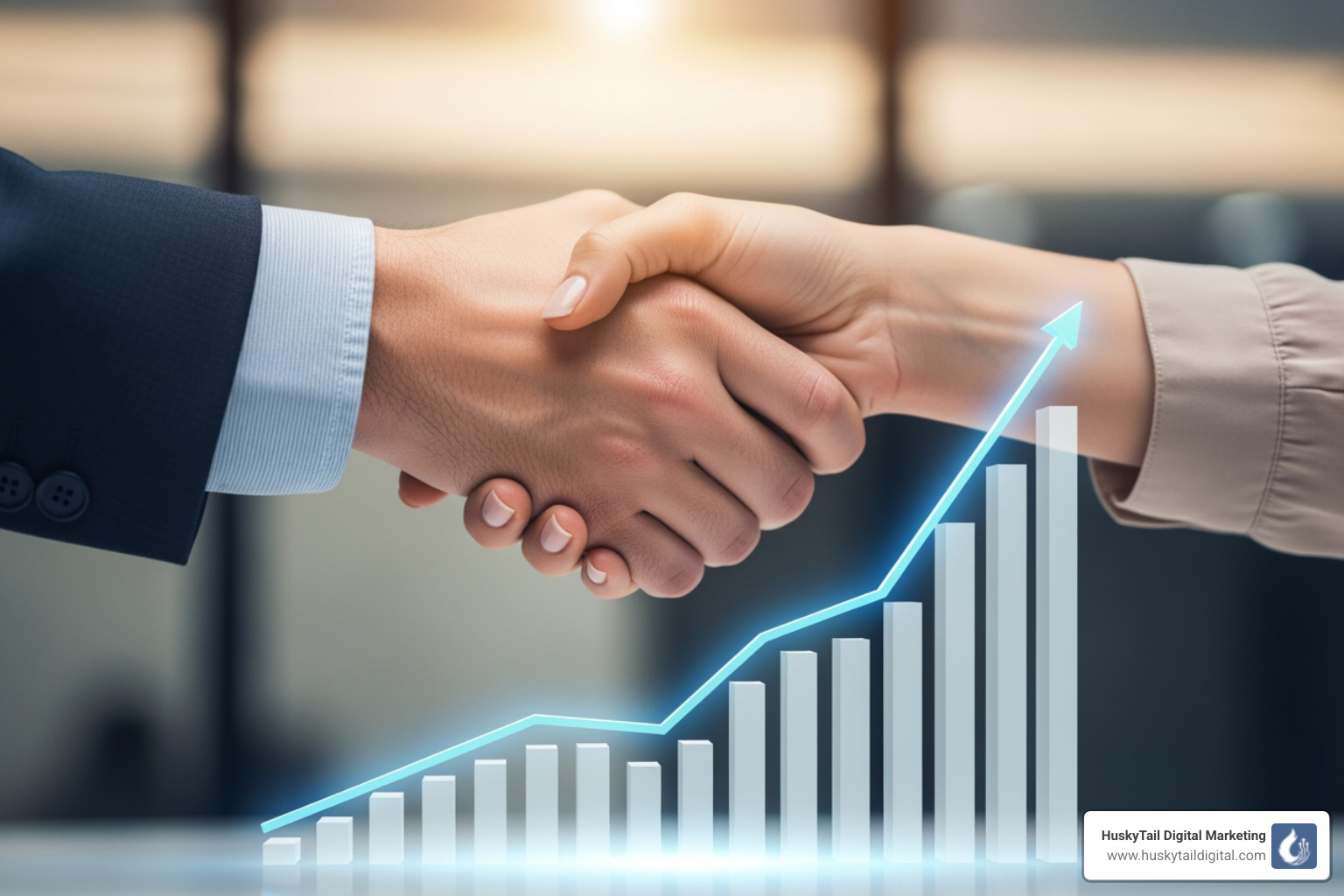 Two hands shaking over a stylized graph showing upward growth, symbolizing partnership and success - local seo agency san francisco Two hands shaking over a stylized graph showing upward growth, symbolizing partnership and success - local seo agency san francisco