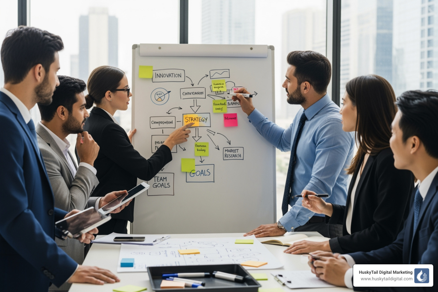 team collaborating around a whiteboard - Charlotte SEO firm