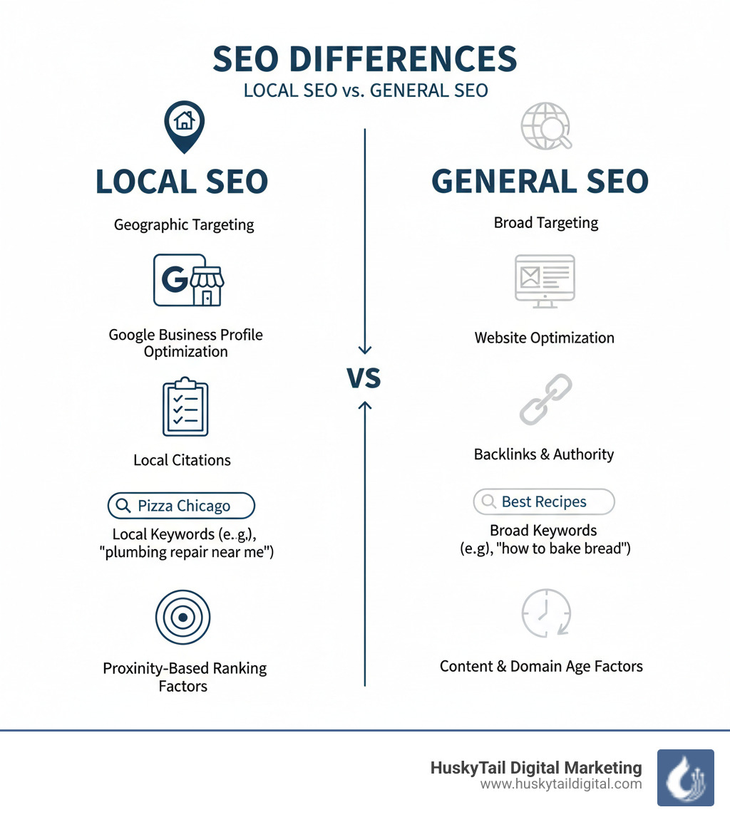 Infographic showing the key differences between Local SEO and General SEO, including geographic targeting, Google Business Profile optimization, local citations, local keywords versus broad keywords, and proximity-based ranking factors - local seo chicago il infographic Infographic showing the key differences between Local SEO and General SEO, including geographic targeting, Google Business Profile optimization, local citations, local keywords versus broad keywords, and proximity-based ranking factors - local seo chicago il infographic