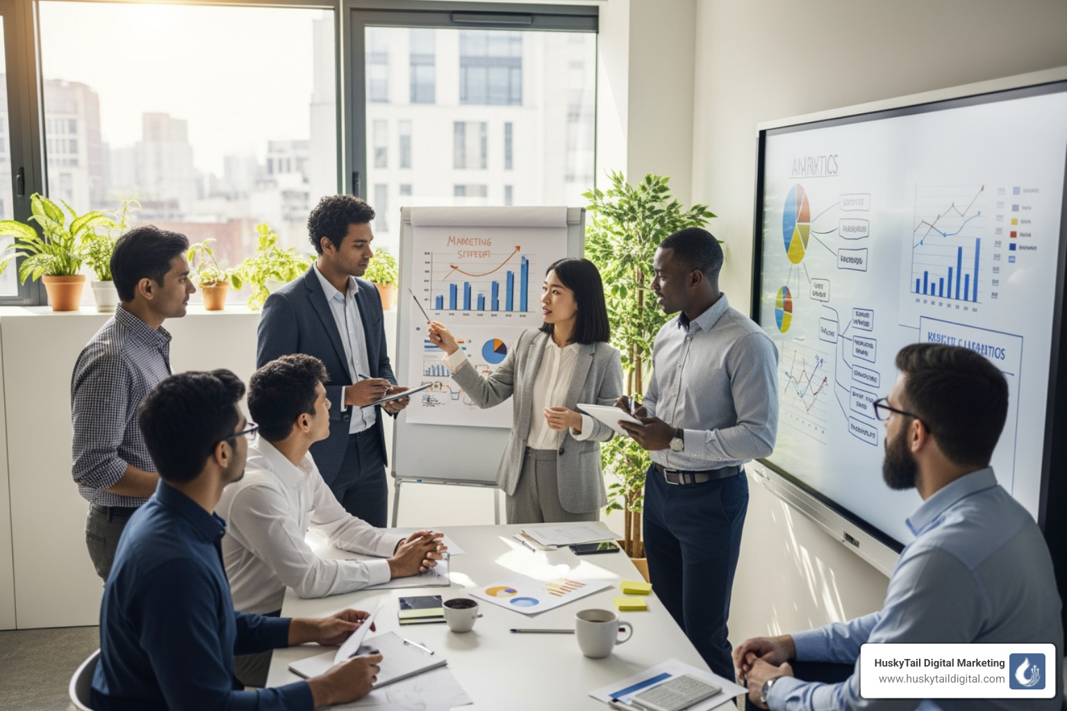Marketing team collaborating around a whiteboard with charts and graphs - miami reputation management Marketing team collaborating around a whiteboard with charts and graphs - miami reputation management