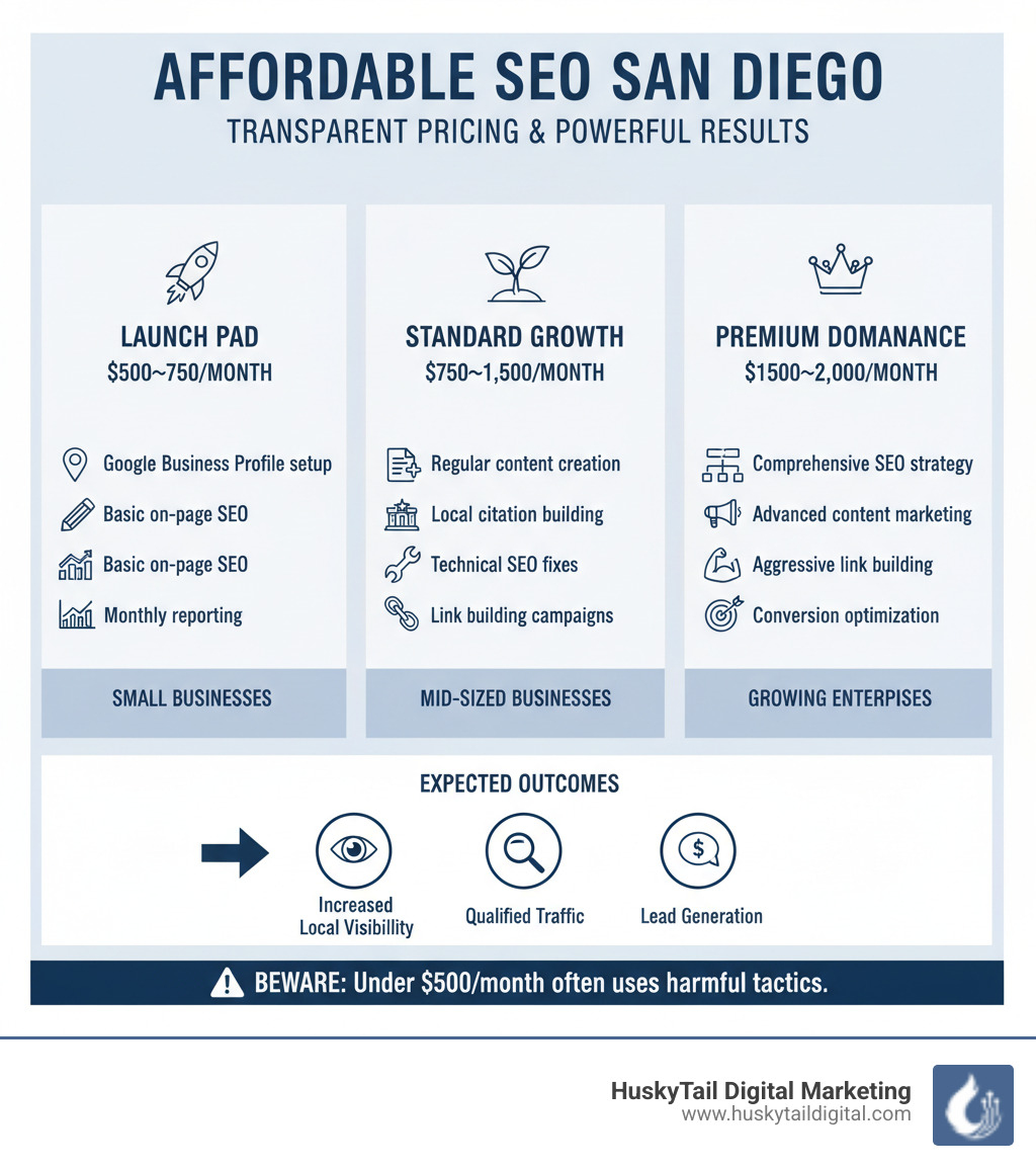 Infographic showing affordable SEO San Diego pricing tiers with service inclusions, typical monthly costs ranging from $500 to $2000, and expected outcomes like increased local visibility, qualified traffic, and lead generation for different business sizes - affordable SEO San Diego infographic 
