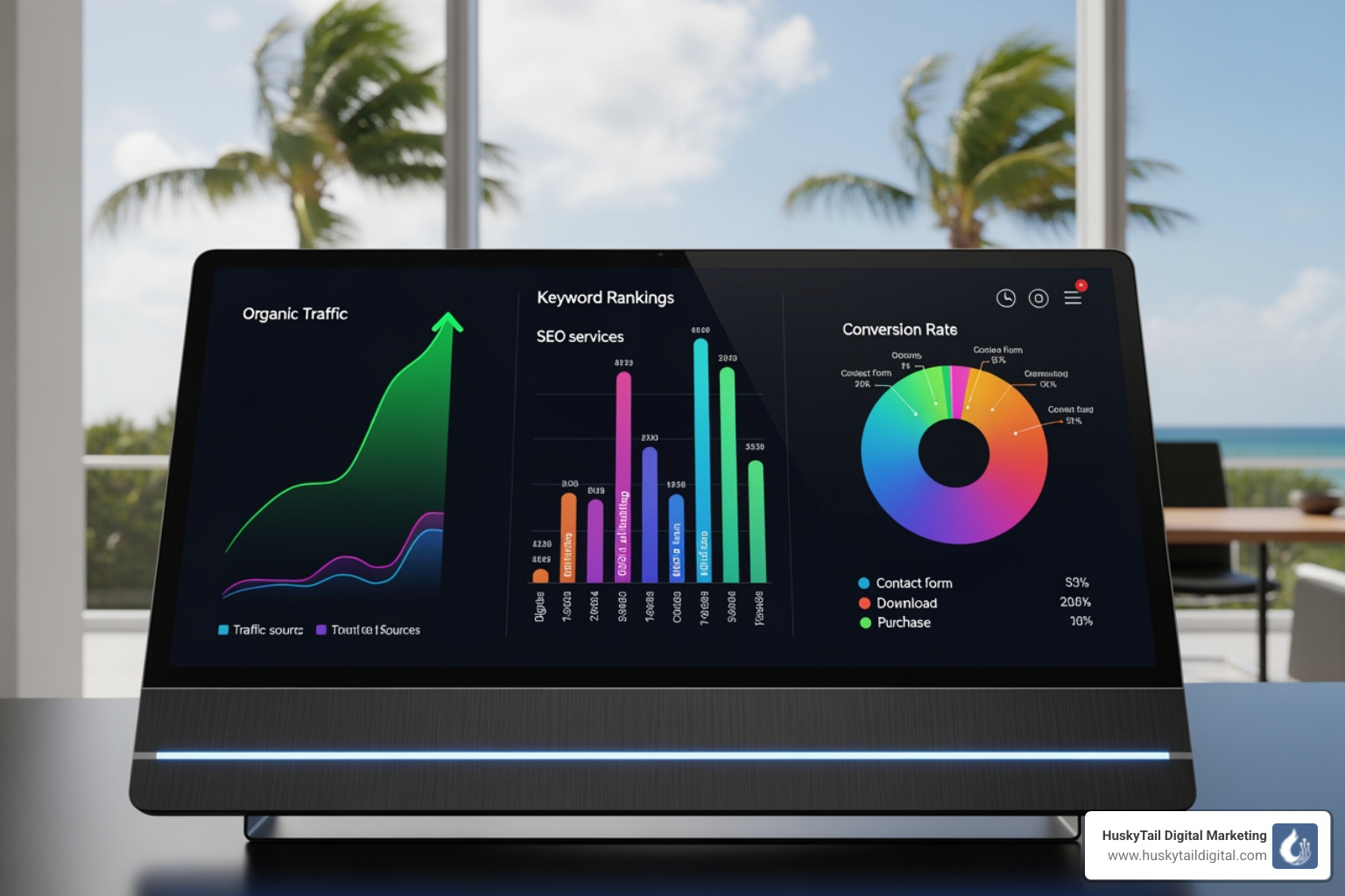 SEO dashboard showing organic traffic, keyword rankings, and conversion rate for a Florida business - florida search engine optimization SEO dashboard showing organic traffic, keyword rankings, and conversion rate for a Florida business - florida search engine optimization