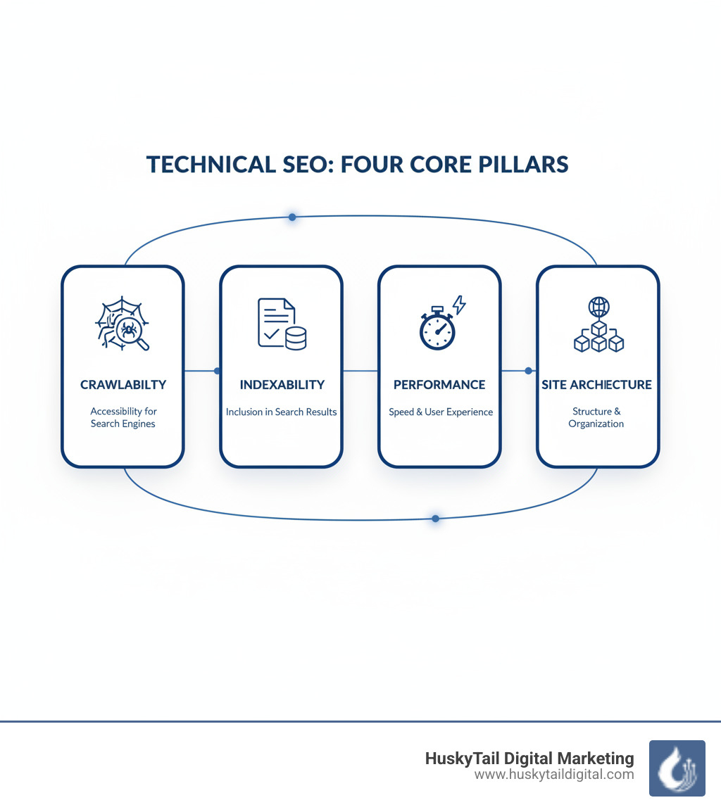 infographic showing the four core pillars of technical SEO: Crawlability, Indexability, Performance, and Site Architecture - seo technical audit tools infographic infographic showing the four core pillars of technical SEO: Crawlability, Indexability, Performance, and Site Architecture - seo technical audit tools infographic