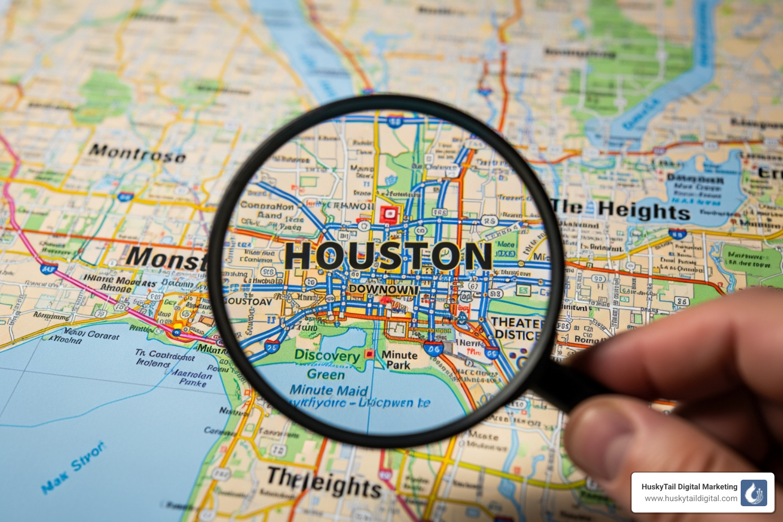 Image of a magnifying glass over a map of Houston - seo consultant in houston for local businesses