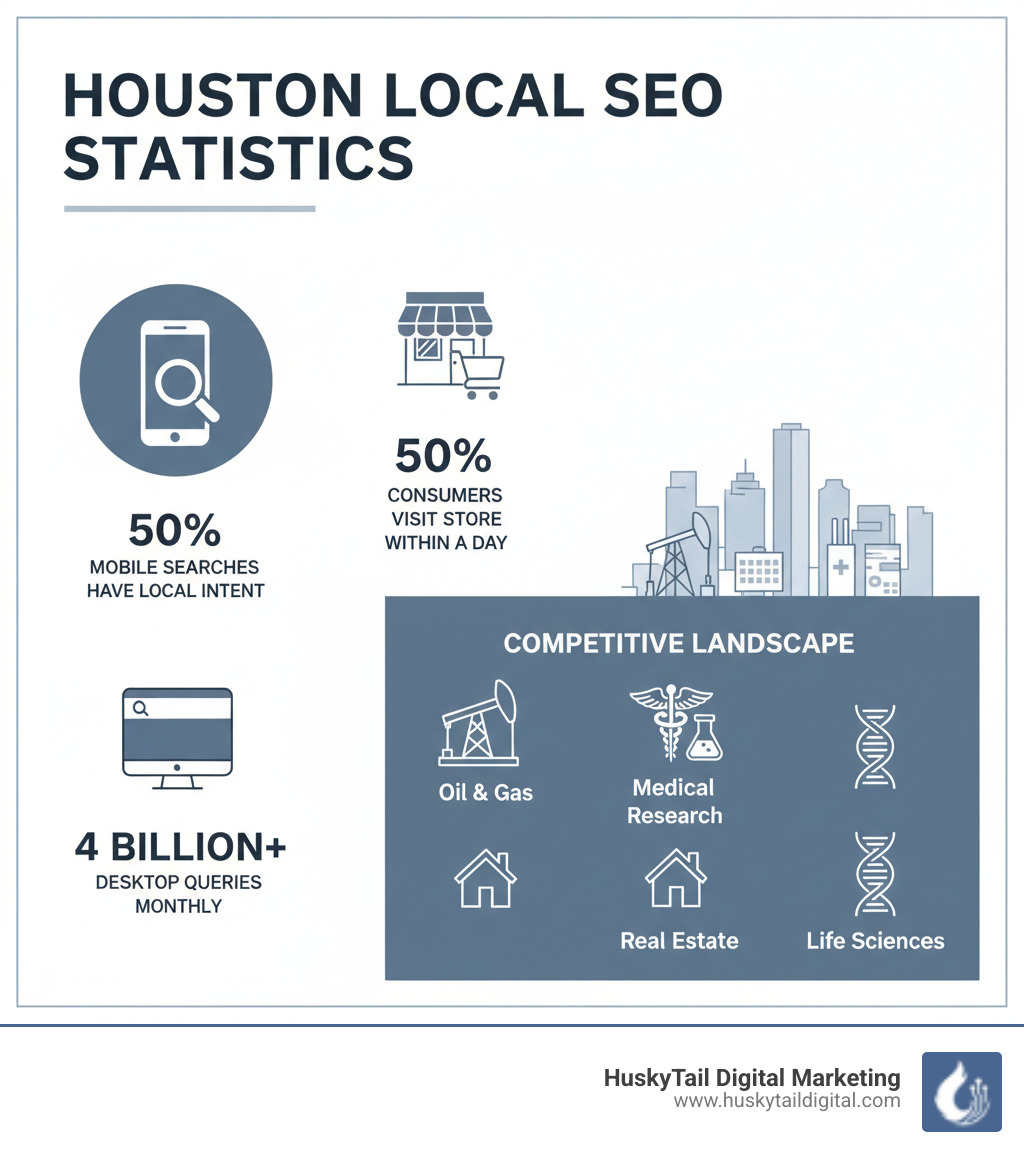 Infographic showing Houston local SEO statistics: 50% of mobile searches have local intent, 50% of consumers visit a store within a day of local search, 4 billion+ desktop queries monthly, and the competitive landscape across Houston's diverse industries including Oil & Gas, Medical Research, Real Estate, and Life Sciences - seo consultant in houston for local businesses infographic 