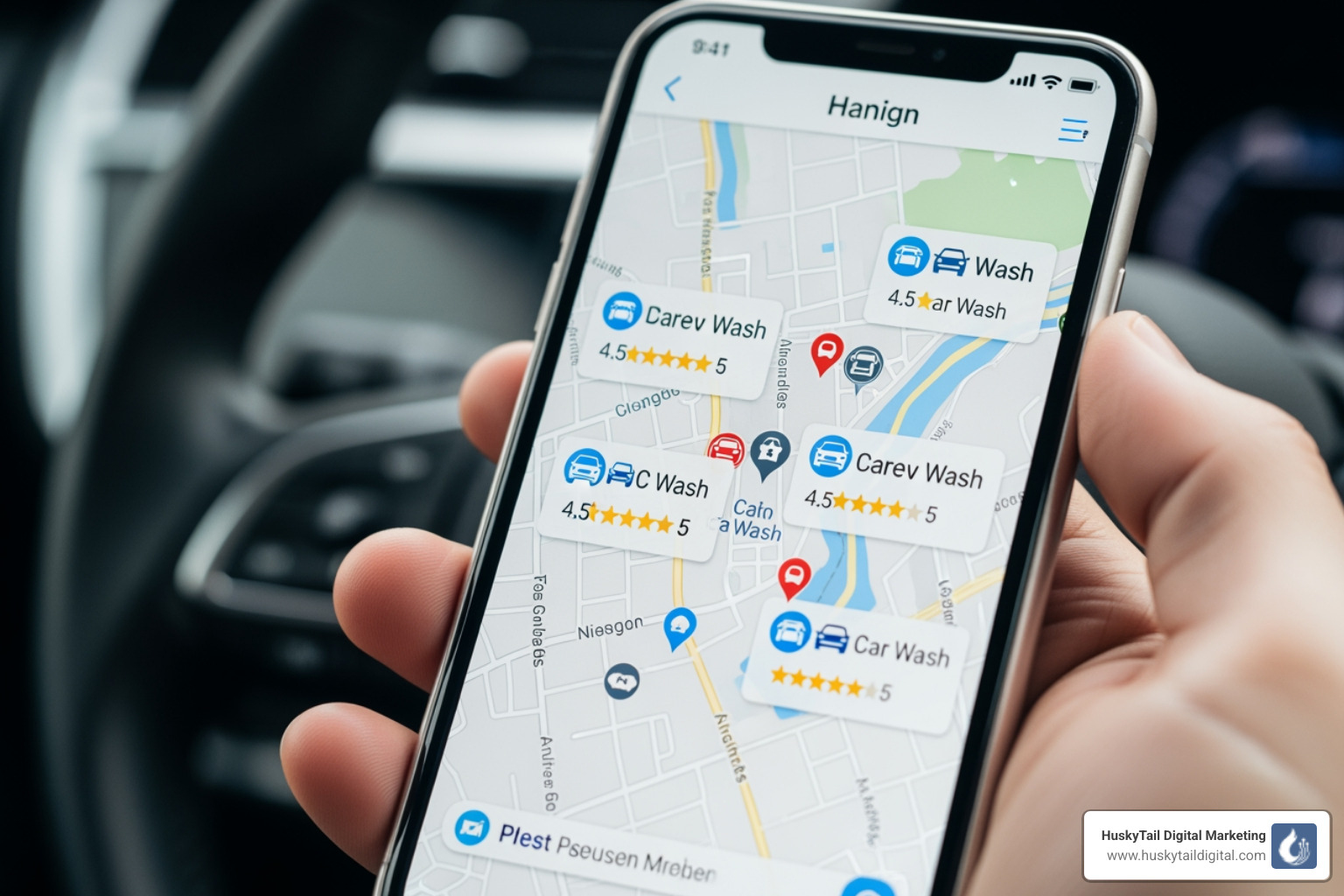 A phone screen displays the results of a voice search query "best car wash near me," showing a map with nearby car wash locations and their ratings - seo for car wash A phone screen displays the results of a voice search query "best car wash near me," showing a map with nearby car wash locations and their ratings - seo for car wash