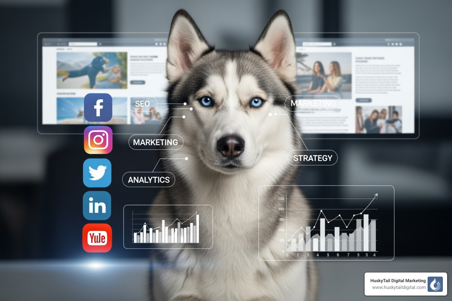 Husky dog with digital marketing elements - boston seo firm Husky dog with digital marketing elements - boston seo firm