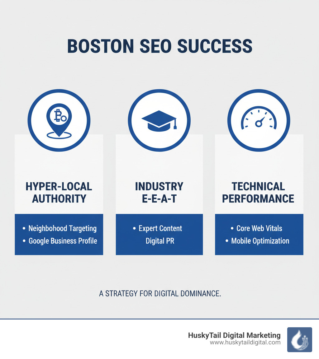 Infographic showing three pillars of successful Boston SEO: a map icon labeled "Hyper-Local Authority" with neighborhood targeting and Google Business Profile optimization, a graduation cap icon labeled "Industry E-E-A-T" with expert content and digital PR, and a speedometer icon labeled "Technical Performance" with Core Web Vitals and mobile optimization - boston seo firm infographic Infographic showing three pillars of successful Boston SEO: a map icon labeled "Hyper-Local Authority" with neighborhood targeting and Google Business Profile optimization, a graduation cap icon labeled "Industry E-E-A-T" with expert content and digital PR, and a speedometer icon labeled "Technical Performance" with Core Web Vitals and mobile optimization - boston seo firm infographic