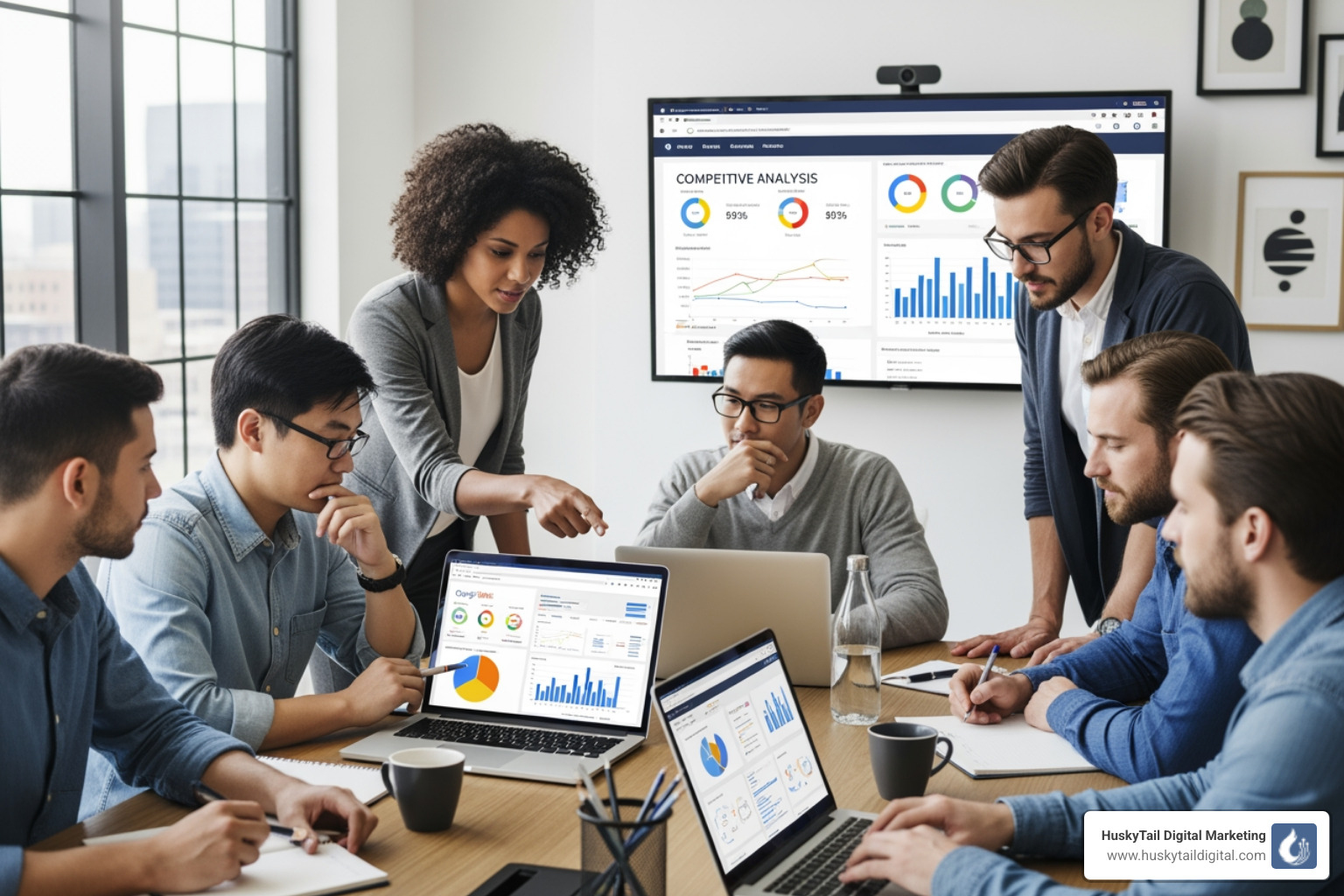 Team of diverse professionals collaborating on a digital marketing strategy, looking at charts and screens - search engine optimization in houston