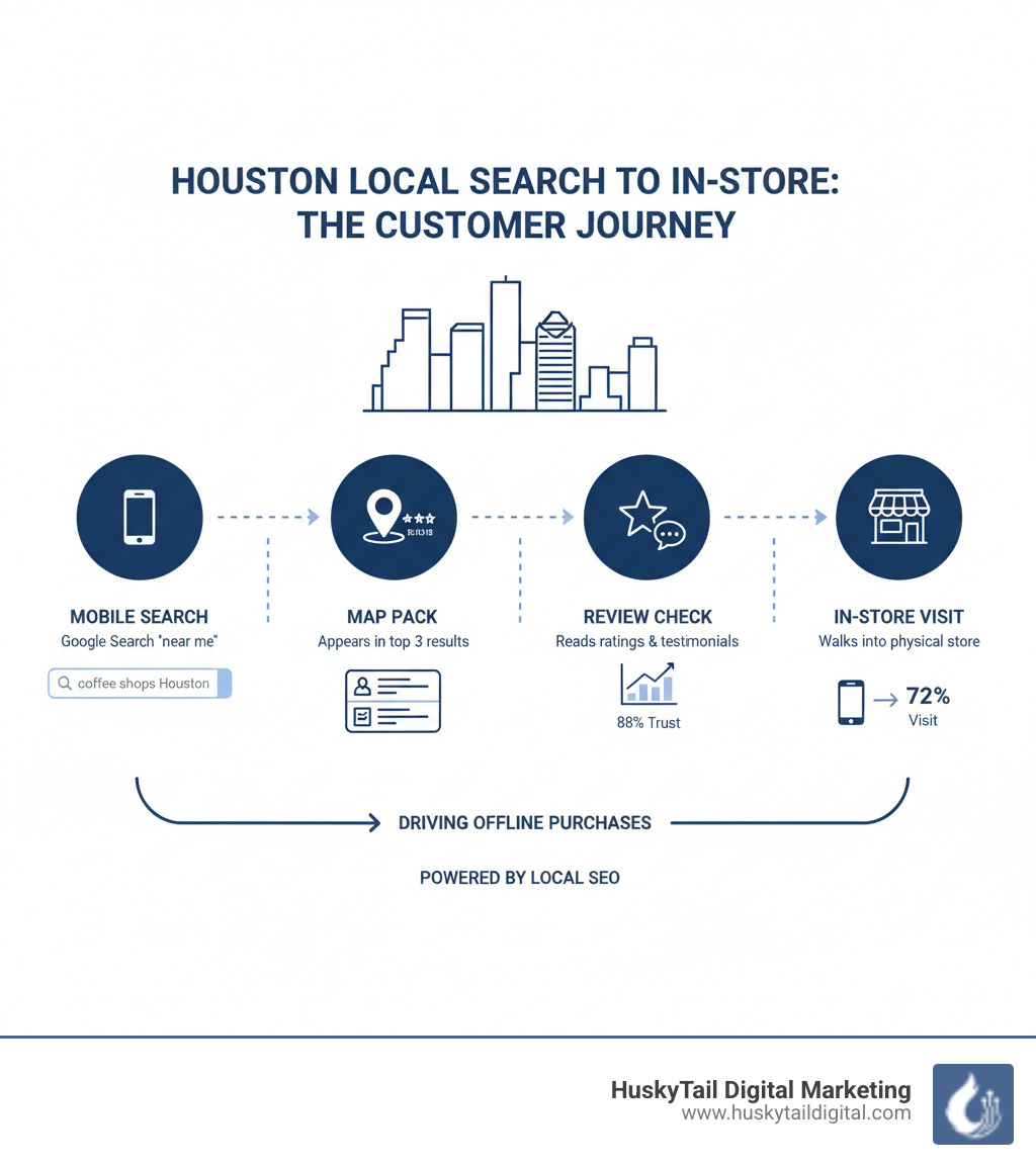 Infographic showing the customer journey from a local Google search in Houston to visiting a physical store, including steps like mobile search, map pack appearance, review checking, and in-store visit - search engine optimization in houston infographic 