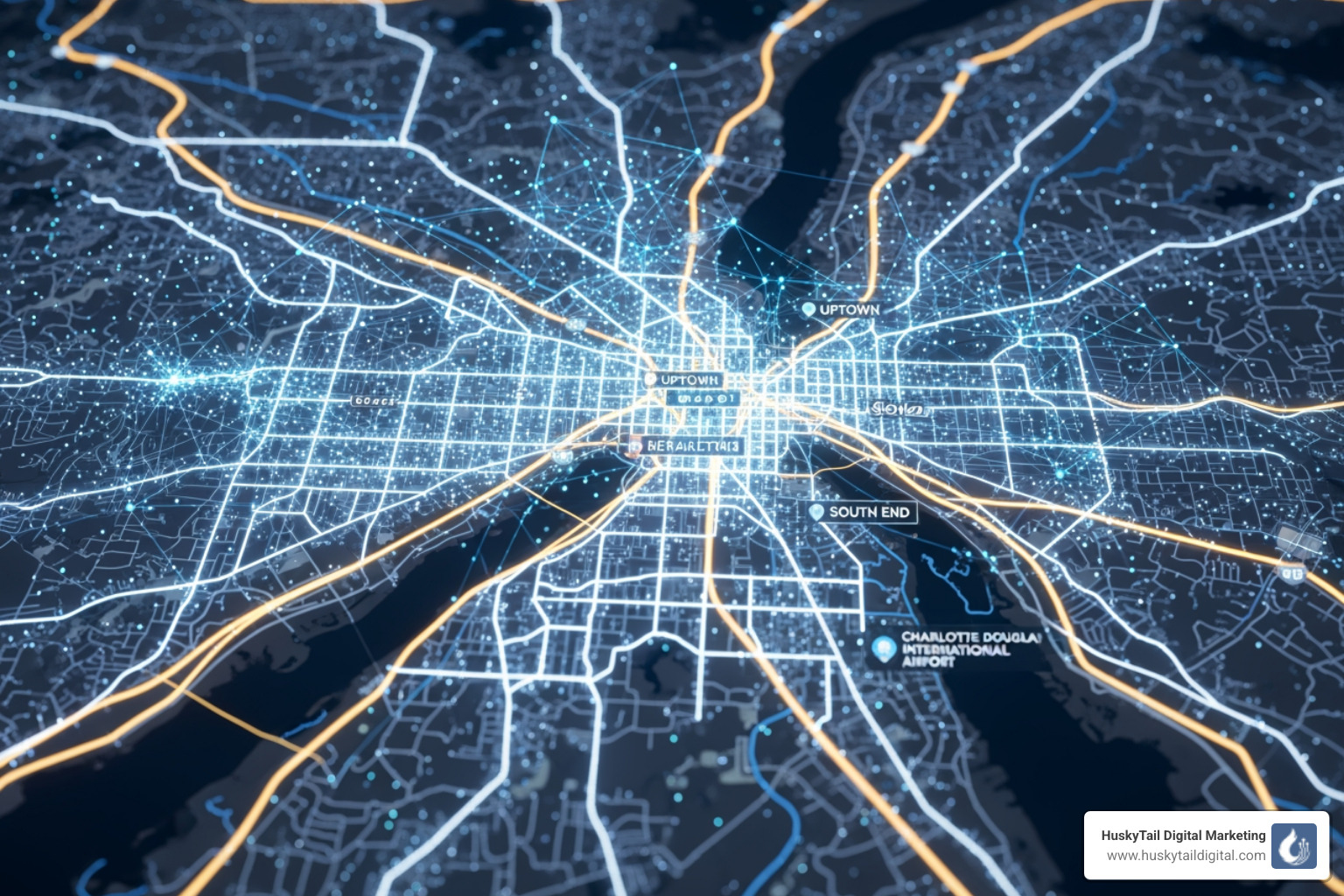 Digital map of Charlotte with connection points - link building Charlotte