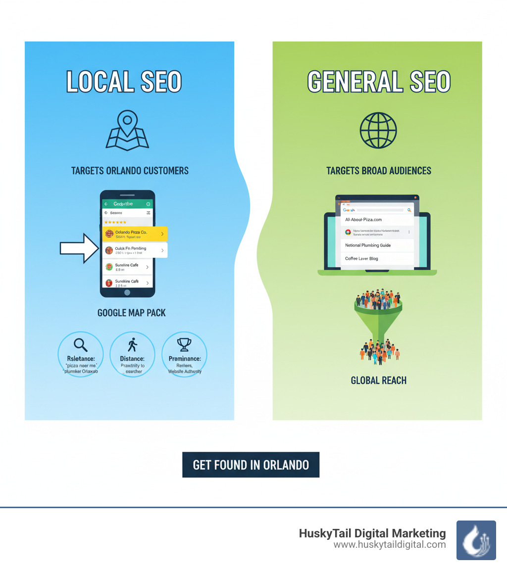 Infographic showing Local SEO vs General SEO with Map Pack examples, including relevance, distance, and prominence factors for Orlando businesses - orlando local seo infographic Infographic showing Local SEO vs General SEO with Map Pack examples, including relevance, distance, and prominence factors for Orlando businesses - orlando local seo infographic