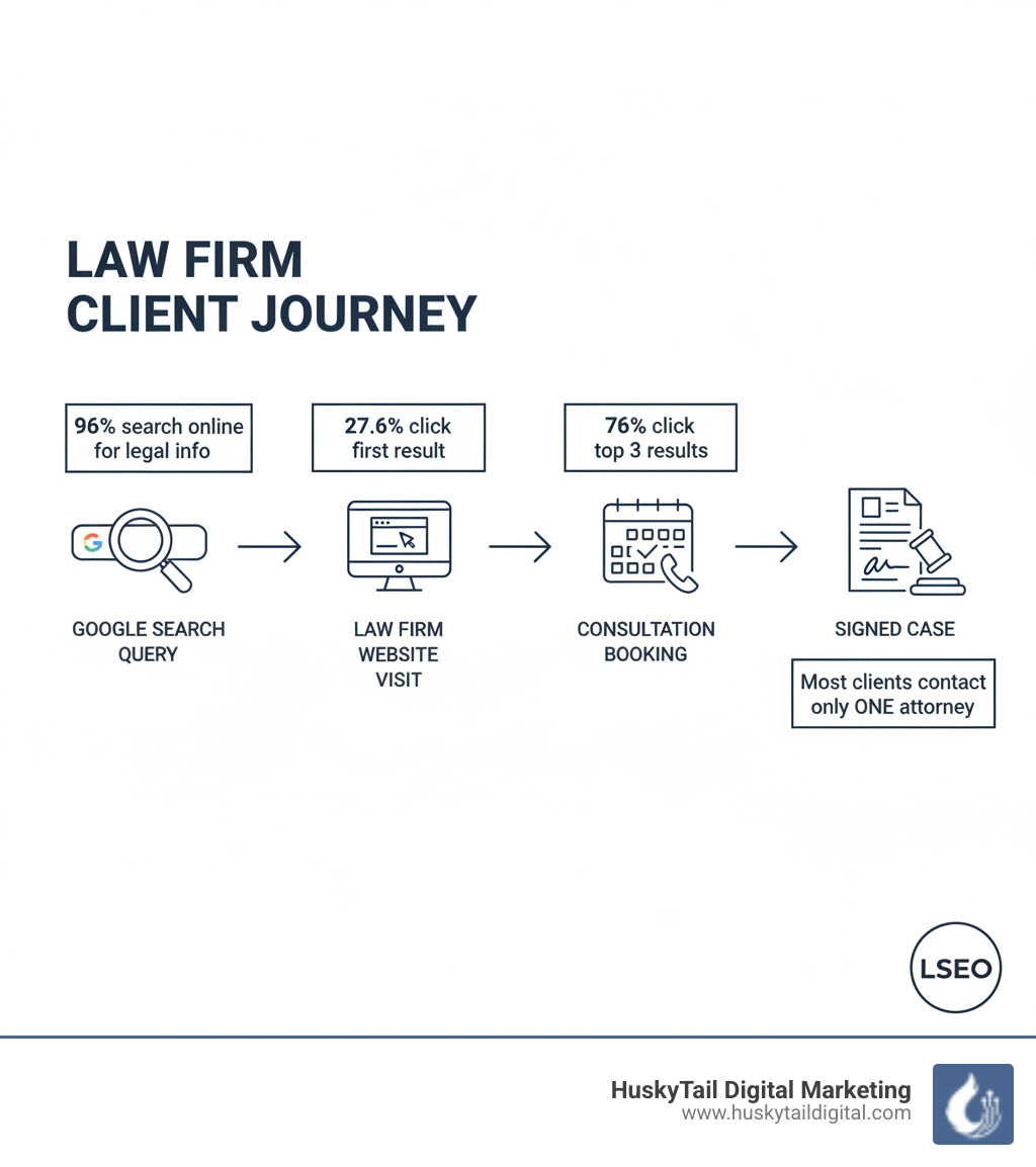 infographic showing the client journey from Google search query to law firm website visit to consultation booking to signed case, with statistics: 96% search online for legal info, 27.6% click first result, 76% click top 3 results, most clients contact only one attorney - Law firm website SEO infographic infographic showing the client journey from Google search query to law firm website visit to consultation booking to signed case, with statistics: 96% search online for legal info, 27.6% click first result, 76% click top 3 results, most clients contact only one attorney - Law firm website SEO infographic