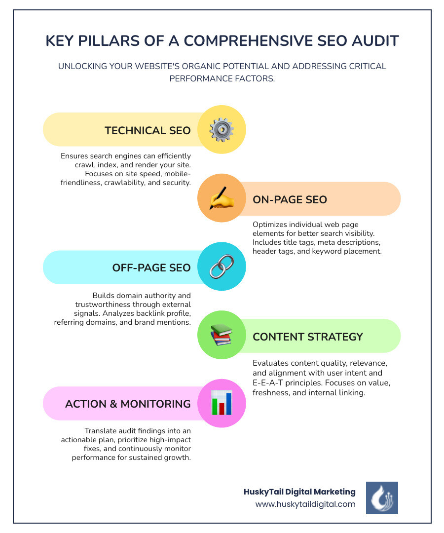 Infographic showing the four main pillars of SEO audits: Technical SEO (site speed, mobile-friendliness, crawlability, indexing), On-Page SEO (content quality, keywords, meta tags, internal links), Off-Page SEO (backlinks, domain authority, brand mentions), and Content Strategy (relevance, E-E-A-T, user intent, freshness). Each pillar includes key metrics and example issues to check. - seo audits infographic infographic-line-5-steps-colors Infographic showing the four main pillars of SEO audits: Technical SEO (site speed, mobile-friendliness, crawlability, indexing), On-Page SEO (content quality, keywords, meta tags, internal links), Off-Page SEO (backlinks, domain authority, brand mentions), and Content Strategy (relevance, E-E-A-T, user intent, freshness). Each pillar includes key metrics and example issues to check. - seo audits infographic infographic-line-5-steps-colors