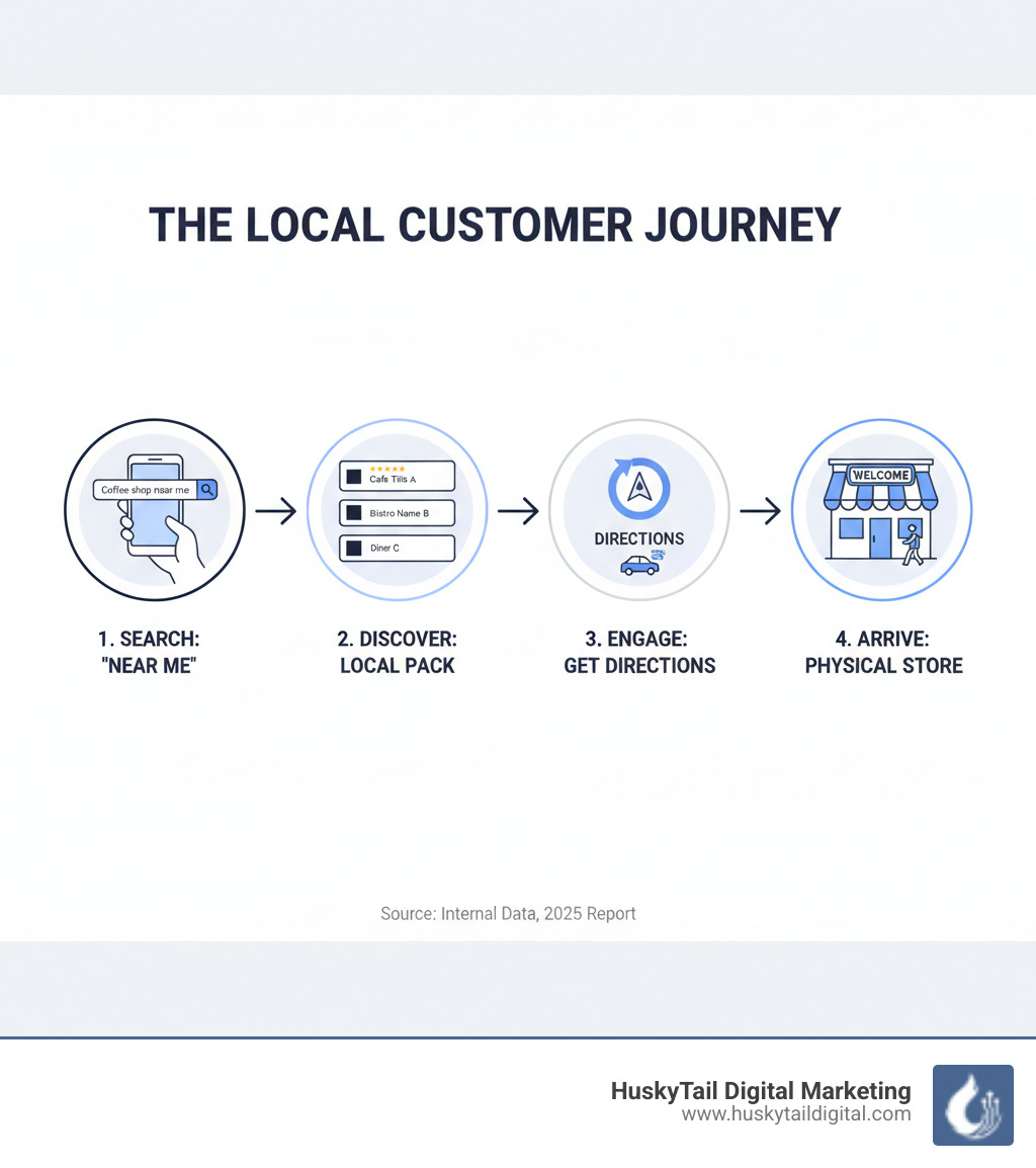 infographic showing the customer journey from searching "near me" on a smartphone, to viewing the Google Local Pack with business listings and ratings, to clicking for directions, to arriving at a physical storefront - Local SEO for businesses infographic infographic showing the customer journey from searching "near me" on a smartphone, to viewing the Google Local Pack with business listings and ratings, to clicking for directions, to arriving at a physical storefront - Local SEO for businesses infographic