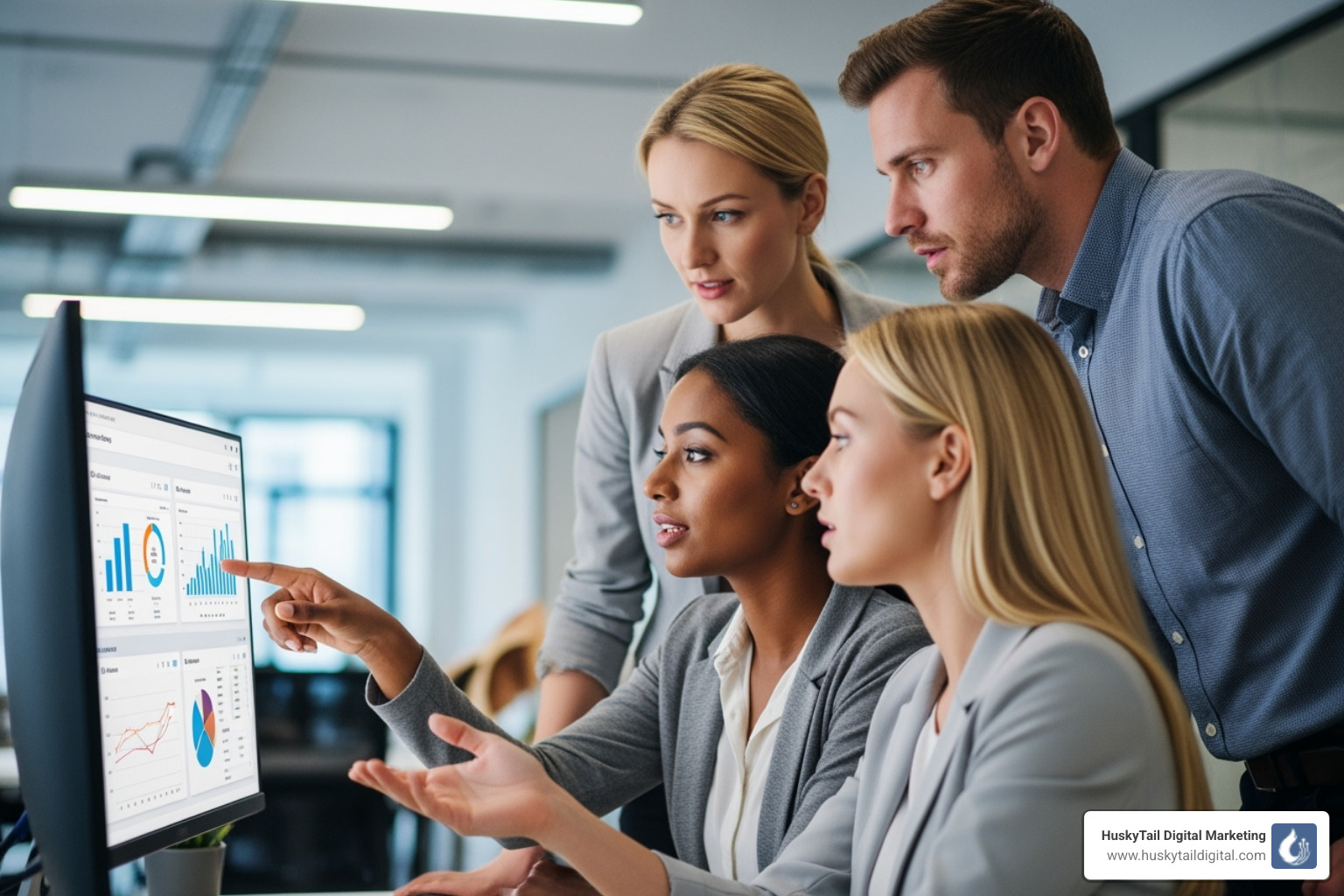 A team collaborating around a computer showing analytics - las vegas seo services A team collaborating around a computer showing analytics - las vegas seo services