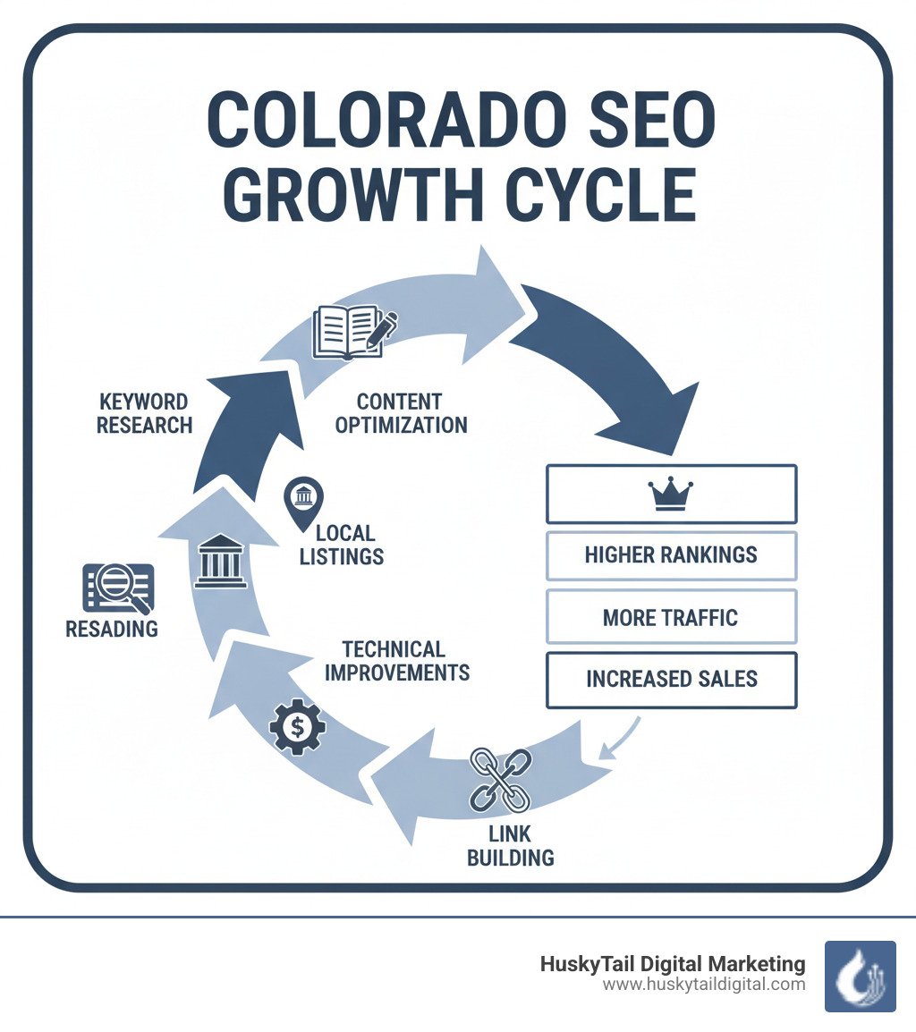 Infographic showing how a Colorado SEO company drives business growth through keyword research, content optimization, local listings, technical improvements, and link building, resulting in higher rankings, more traffic, and increased sales - colorado seo company infographic Infographic showing how a Colorado SEO company drives business growth through keyword research, content optimization, local listings, technical improvements, and link building, resulting in higher rankings, more traffic, and increased sales - colorado seo company infographic